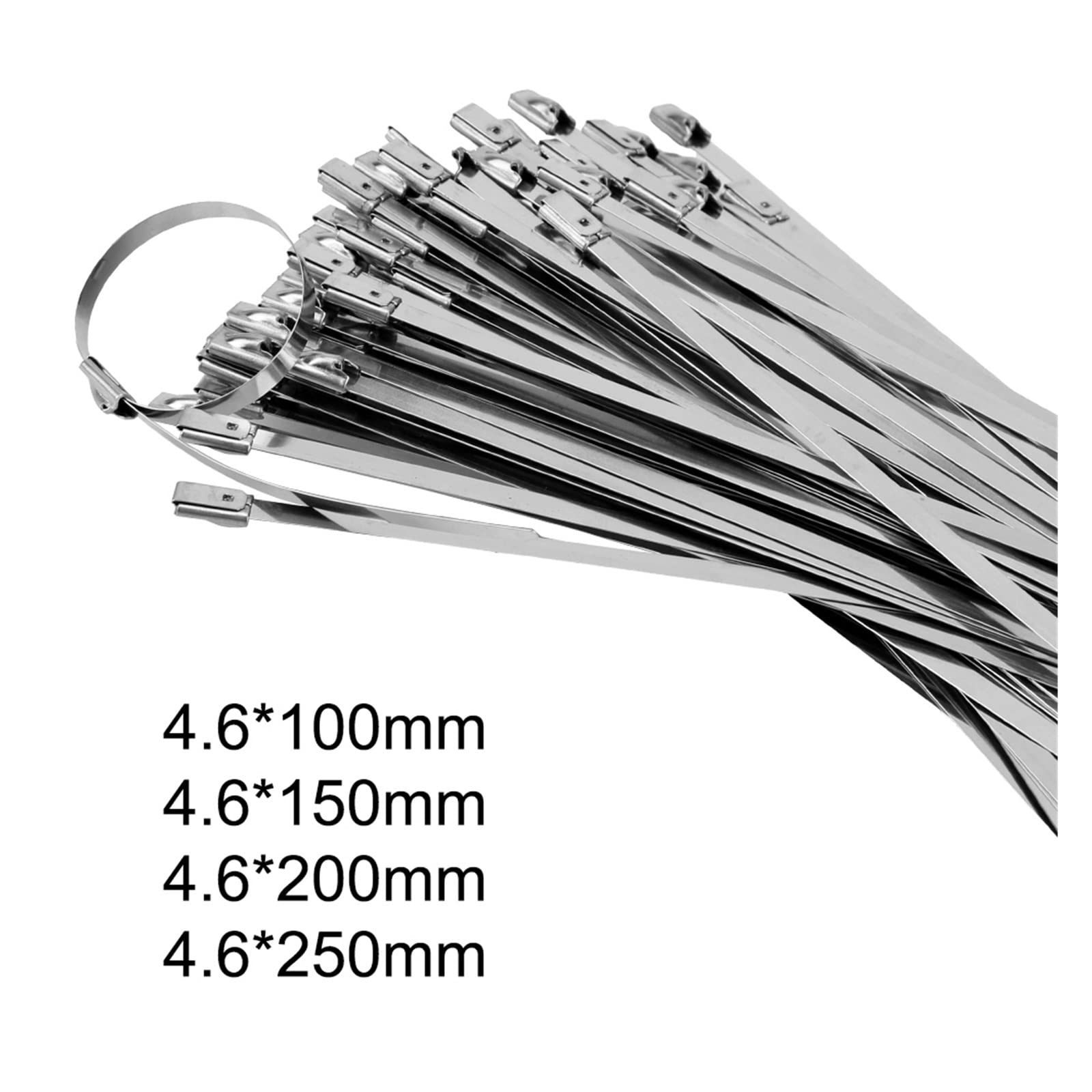 RWRAPS Edelstahl-Kabelbinder, Metall-Auspuffbinder, 4,6 mm Breite, selbstsichernder Kabelbinder, 100 Stück/Set (Farbe: Silber, Größe: 4,6 x 200 mm) (Silber 4,6 x 200 mm)