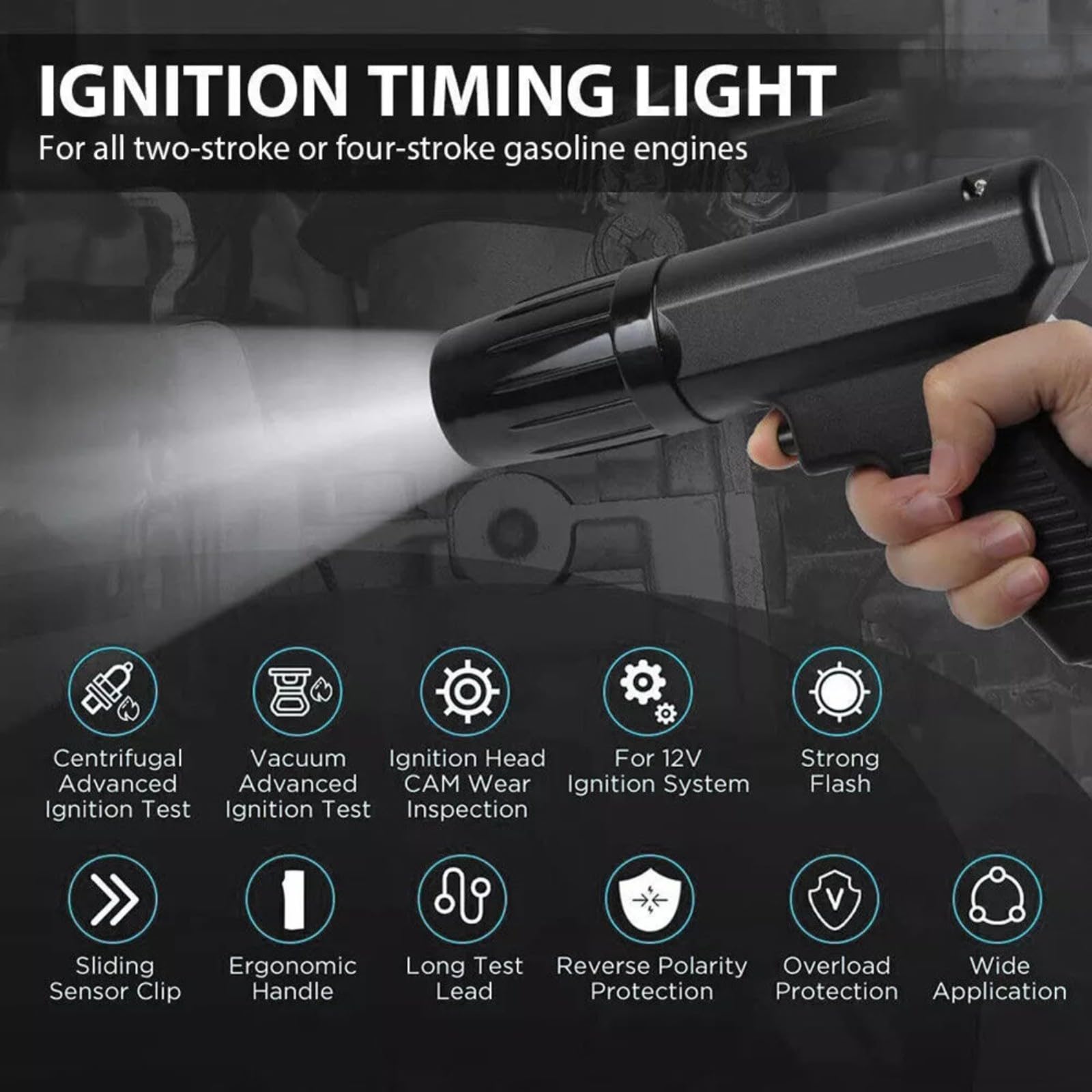 Pistola per luci di accensione, 12 V, digitale, per auto, moto, motore, stroboscopico, luce temporizzata, alloggiamento in ABS
