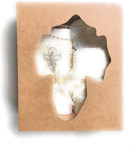 Miniatura 4 de Kit de bautismo católico en caja de madera con toalla, vela, rosario y concha para bebés niños y niñas. Hecho a mano en México Regalo para padrinos.