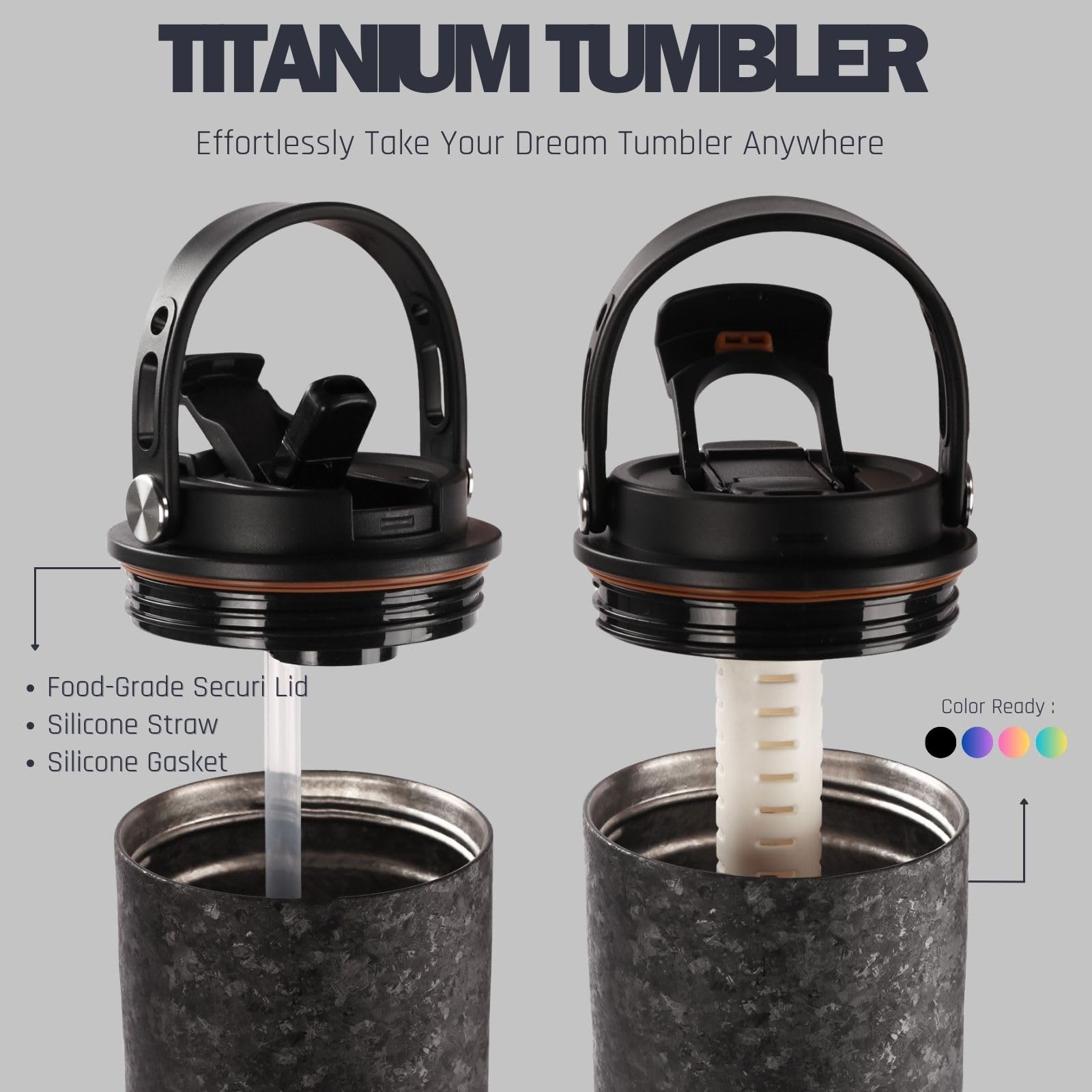 SILVERANT Gobelet isotherme en titane - 880 ml / 29,7 oz avec poignée et double paille intégrée au couvercle - Compatible avec les porte-gobelets de voiture - Noir cristallisé