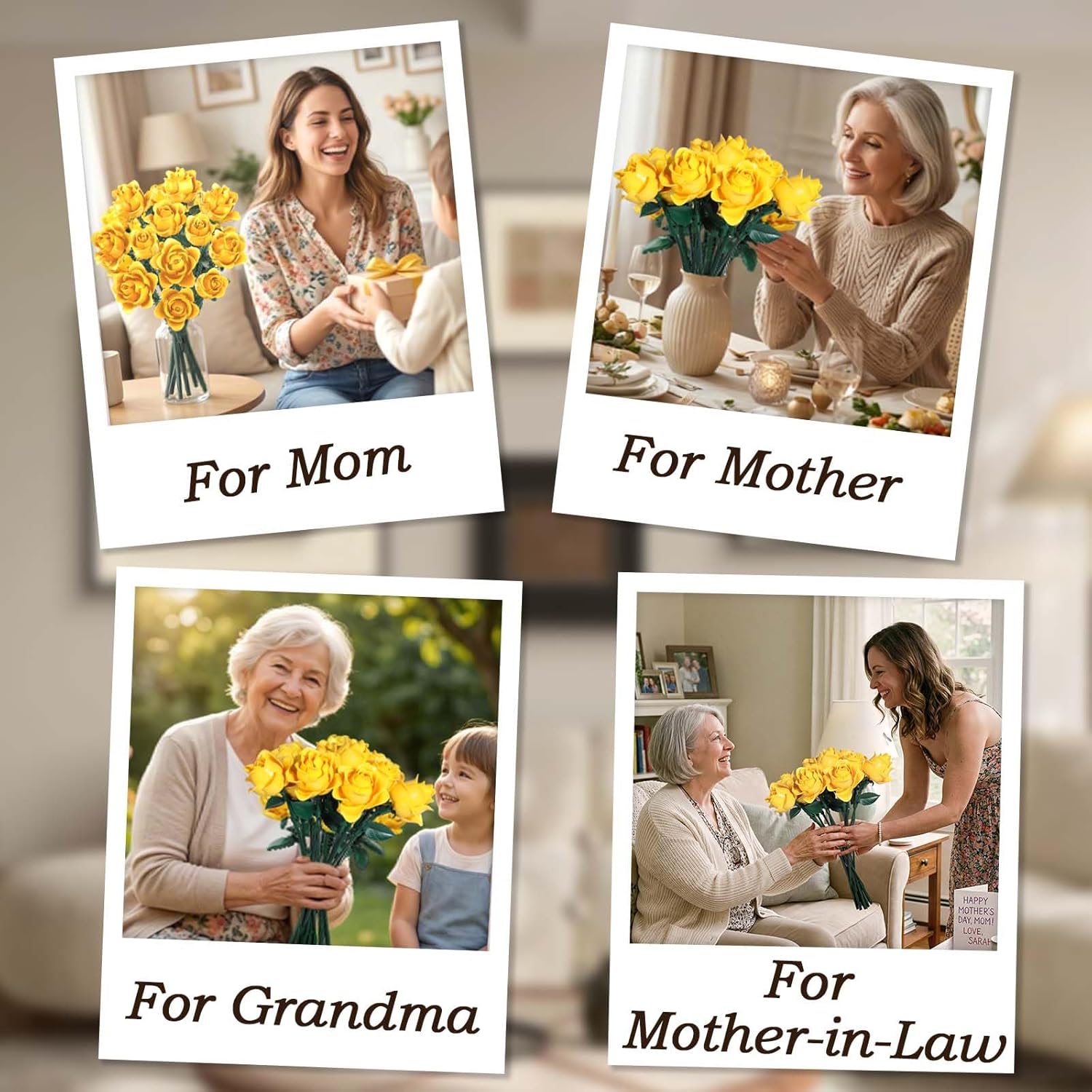 12 Yellow Roses Building Block Bouquet Set, 585 Pieces Artificial Botanical Kit, Unique for Mom & Grandma, Everlasting Floral Home Decor