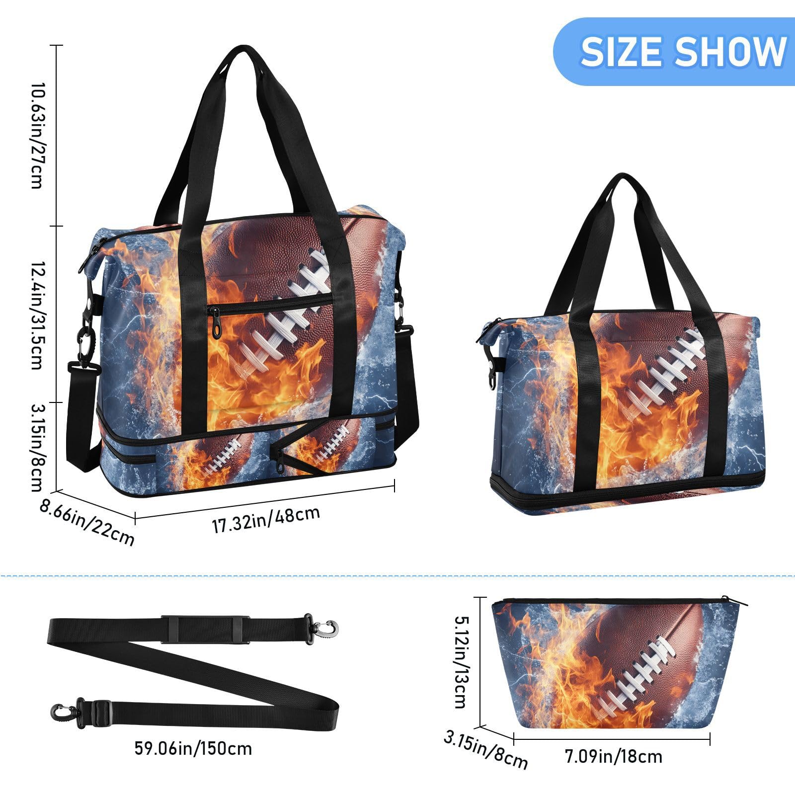 Borsa sportiva impermeabile – Fire American Football grande capacità borsone con scomparto asciutto bagnato e scarpiera, borsa da viaggio per yoga, nuoto, viaggio, allenamento, fitness
