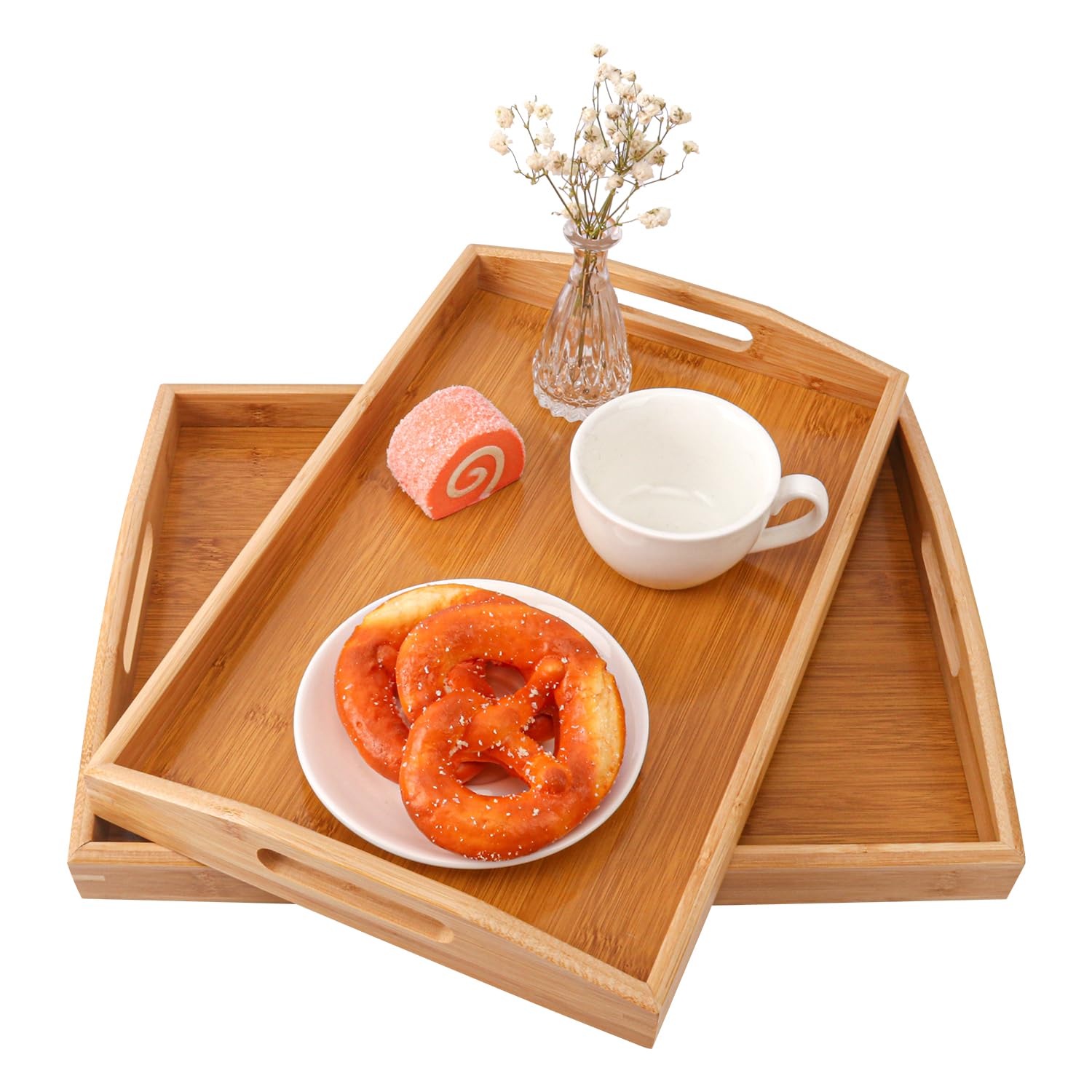 2 bandejas de bambú para servir, bandeja de cama de desayuno anidada de 2 tamaños con asa, bandeja de madera para servir, bandejas de cama de desayuno para comer, decoración, mostrar pasteles