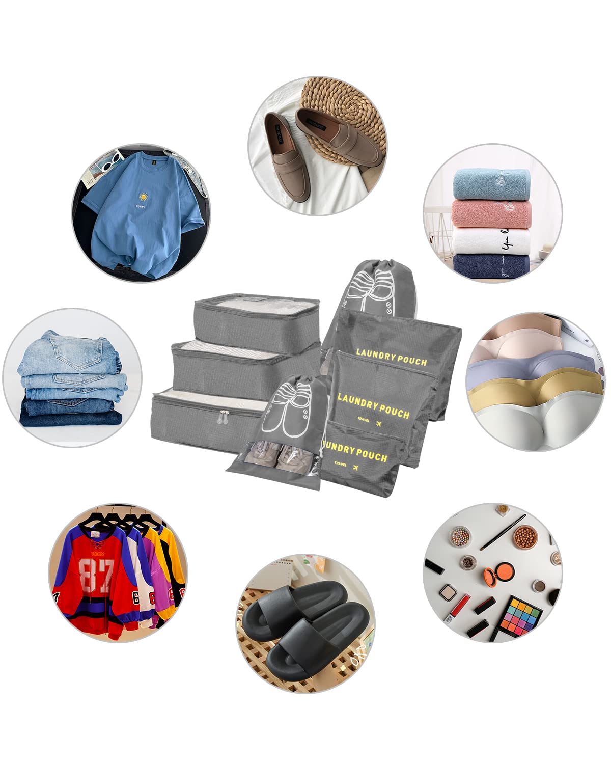 BillyBath Set di organizer per valigie, 8 in 1, organizer da viaggio, per vestiti, scarpe, cosmetici, colore grigio