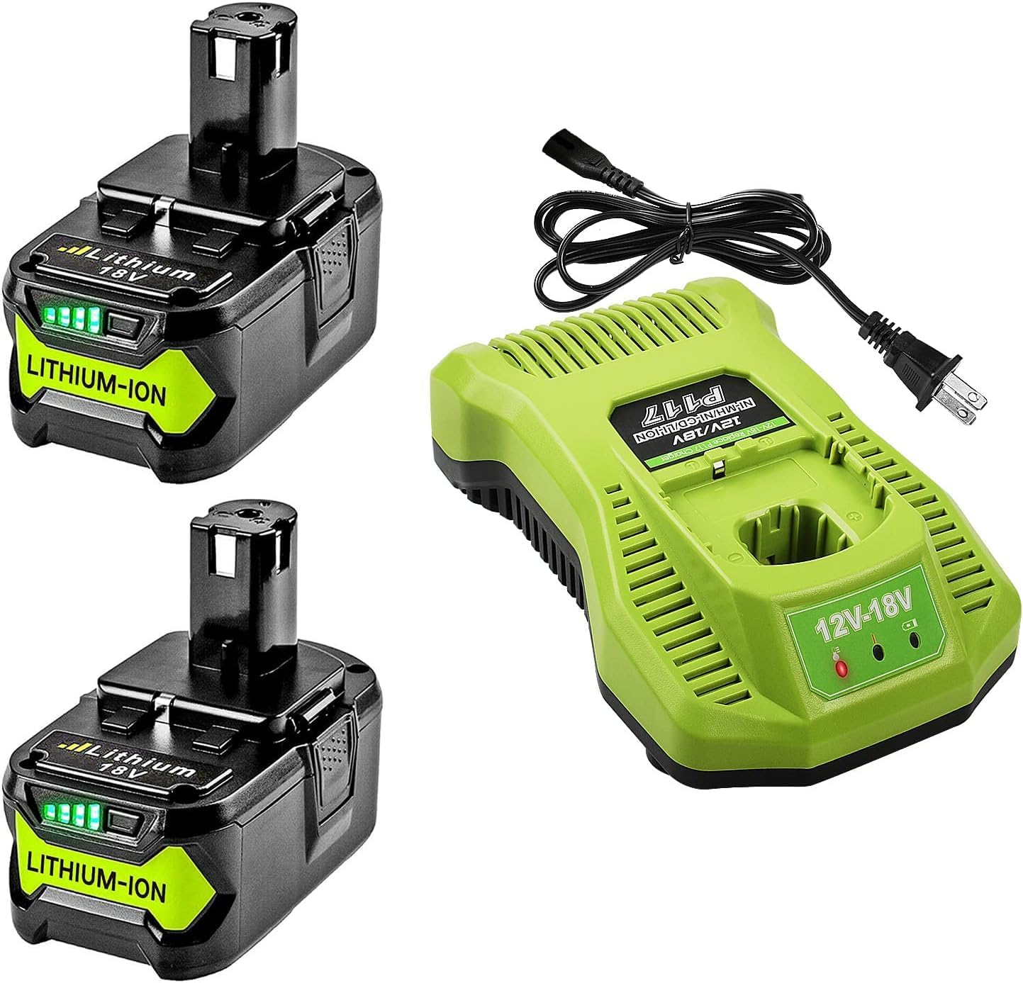 REACELL 2X 18V 5.5Ah P108 Replacement Li-ion Battery for Ryobi 3A P117 Charger 12V-18V for P108 P107 P105 P100 P101 RB18L40 RB18L50 Battery with LED