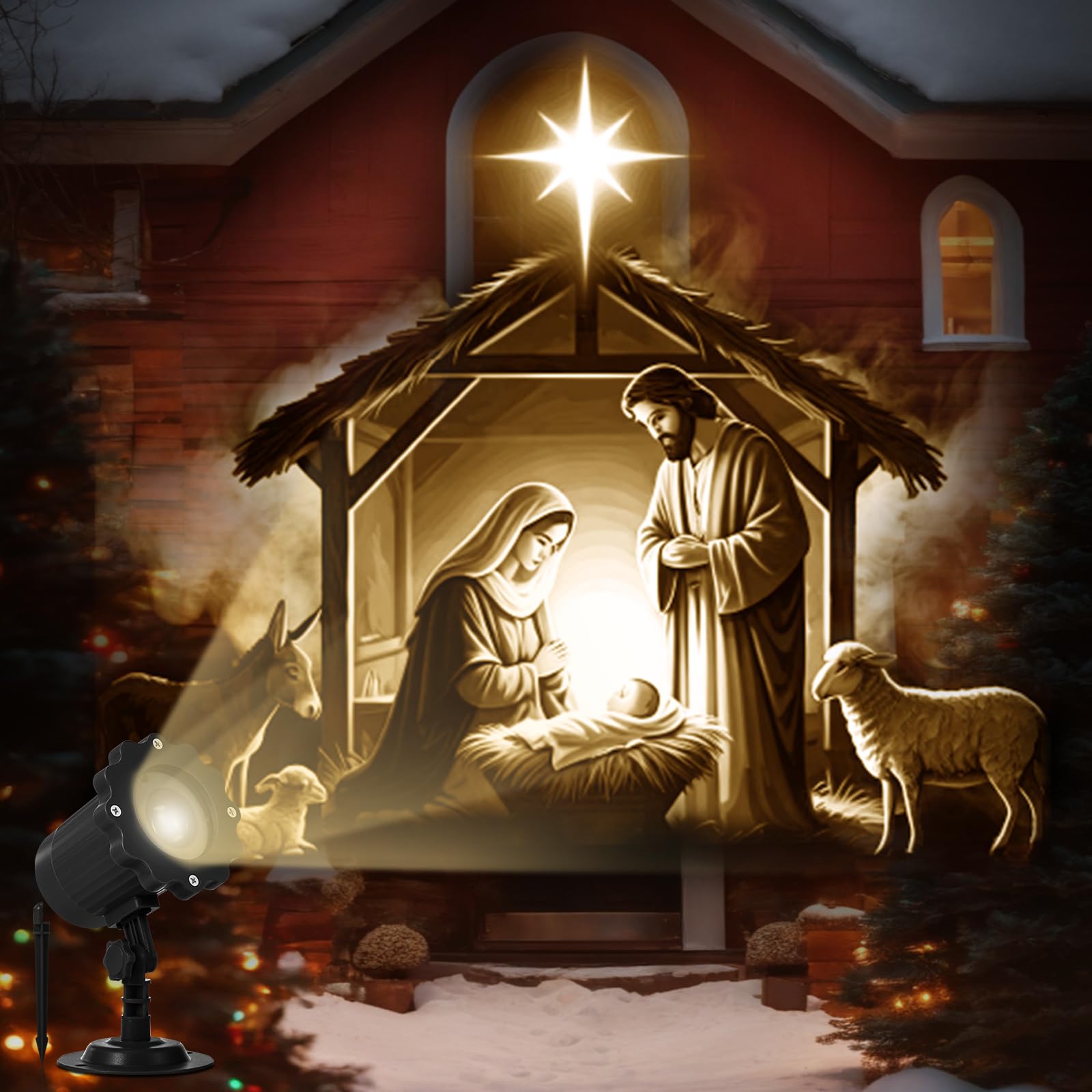 BBTO Luz Proyector de Navidad 1 Pieza – Efecto Dinámico, Proyección Similar a Holograma 3D, Función de Temporizador, Proyector Navideña para Interior y Exterior, Motivo de Pesebre de Navidad