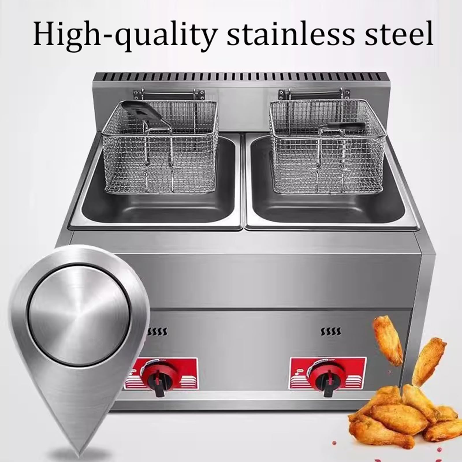 Friggitrice a Gas da 20 L, Friggitrici in Acciaio Inox con Frittura Cestello e Coperchi, Potenza di Fuoco Regolabile, Facile da Pulire, Friggitrice a Olios da Banco per Casa Commerciale (10L+10L)