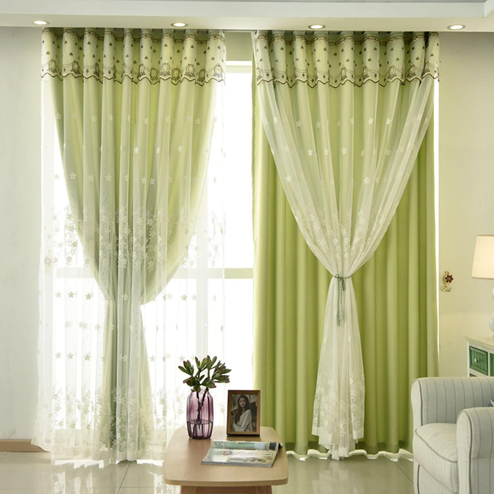 Daesar Verdunklungsvorhänge Grün, Vorhänge mit Haken Blickdicht 2er Set Nordisch Doppellagig Stickerei mit Blumen Motiv 137x229CM Schiebengardinen Kinderzimmer Schlafzimmer