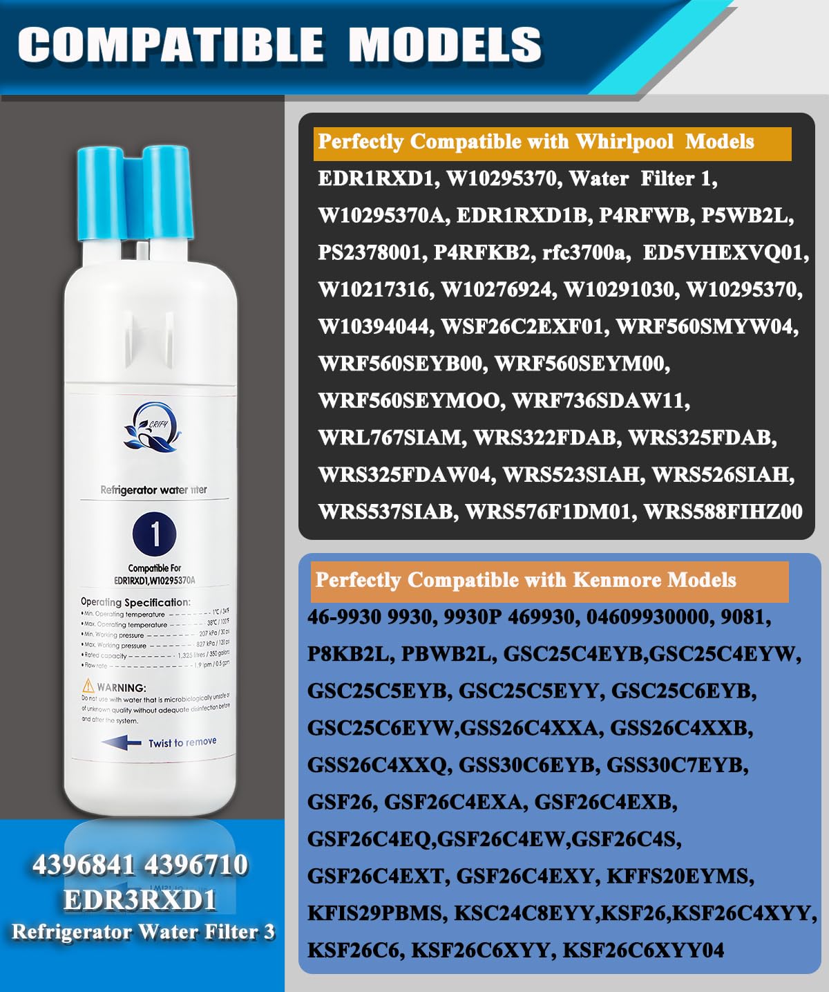 CR W-10295370 - Filtro de agua de repuesto para refrigerador, compatible con los modelos de refrigerador, DR1R y D1 W-10295370 (paquete de 4)