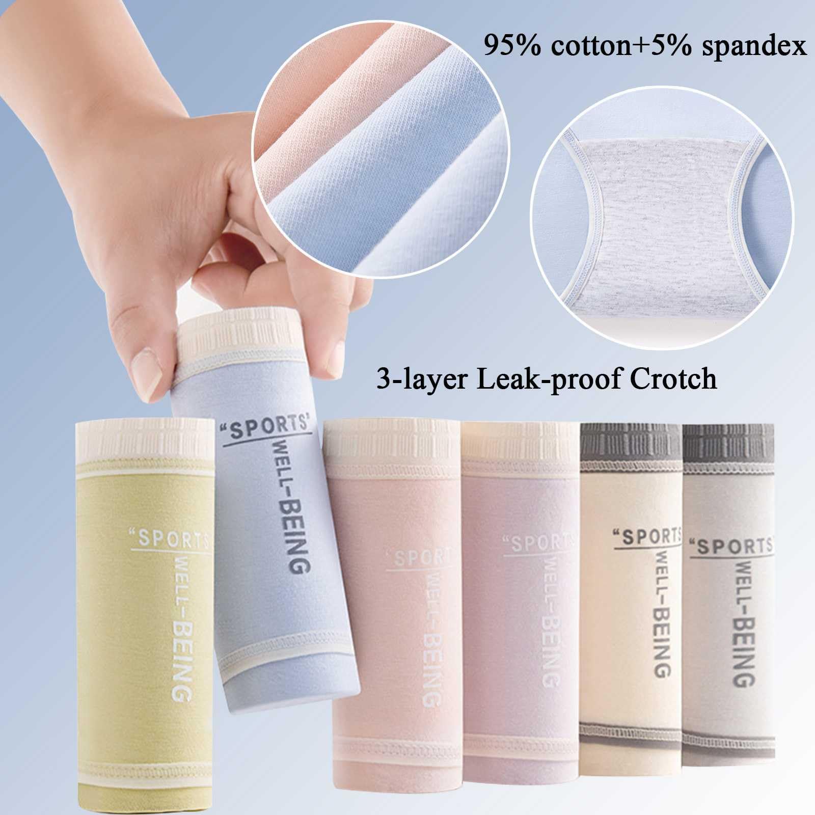 Paquete de 6 bragas menstruales de algodón lavables para mujer, a prueba de fugas, de flujo pesado, de cintura media, cobertura completa