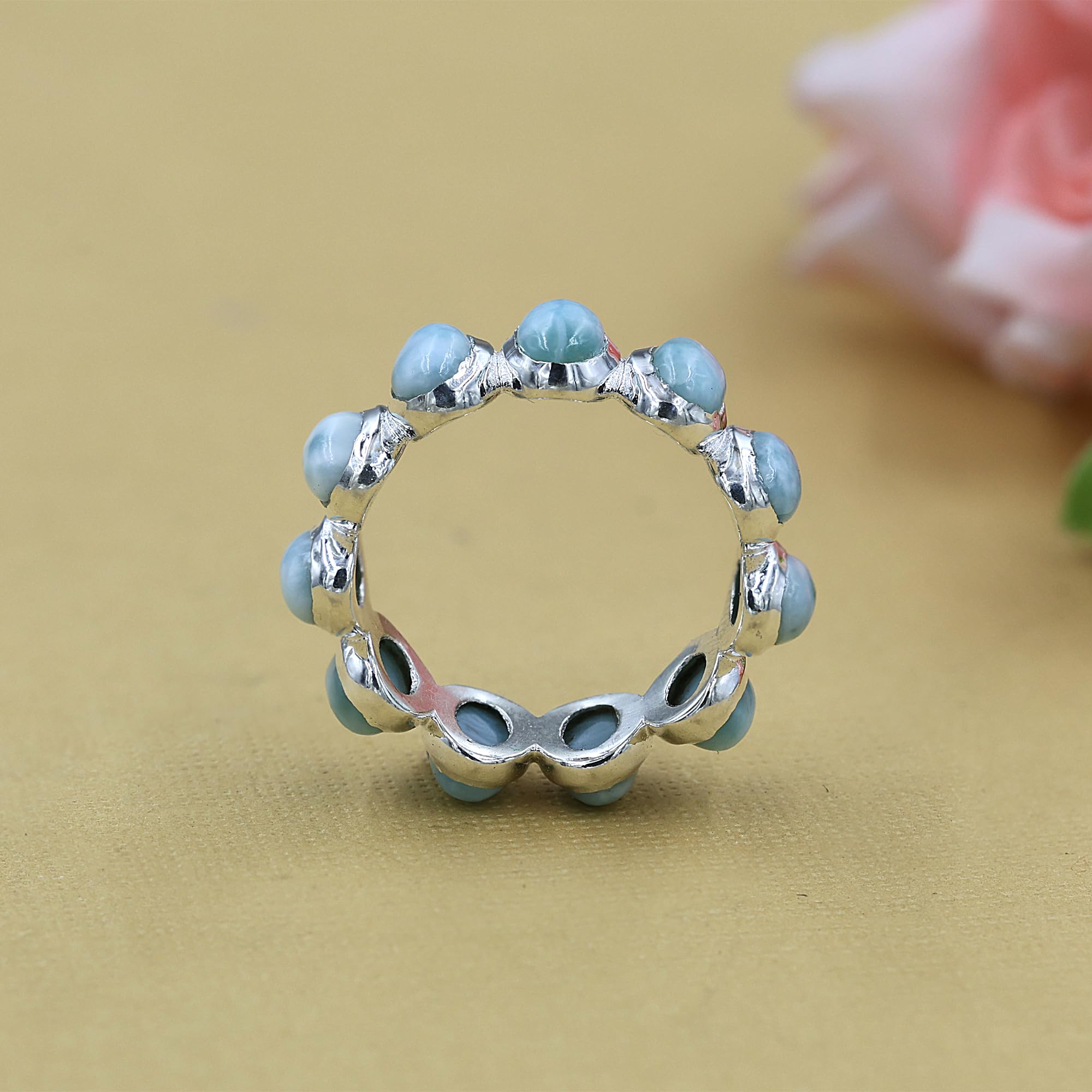 Anillo de plata de ley 925 con larimar natural para mujer, anillo de eternidad, joyería de piedras preciosas de larimar azul para niñas