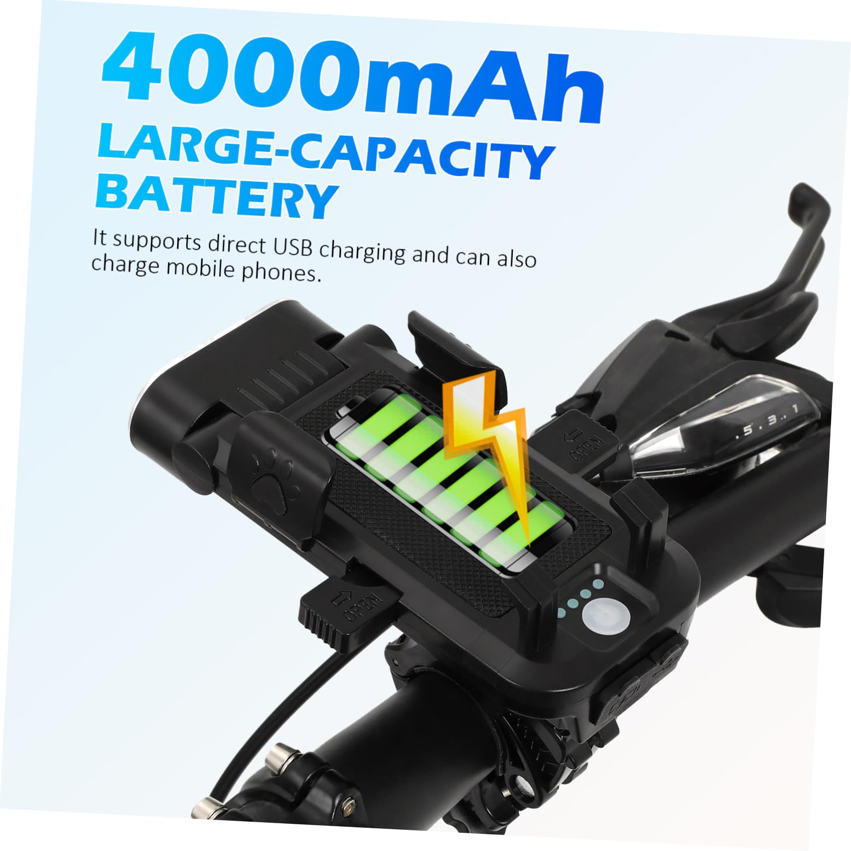 BESTonZON Luci Bici Anteriori e Posteriori Ricaricabili, Set 4 in 1 | Batteria 4000 Mah, Abs Nero, Doppio Led, Supporto Telefono Regolabile e Clacson ad Alta Intensità