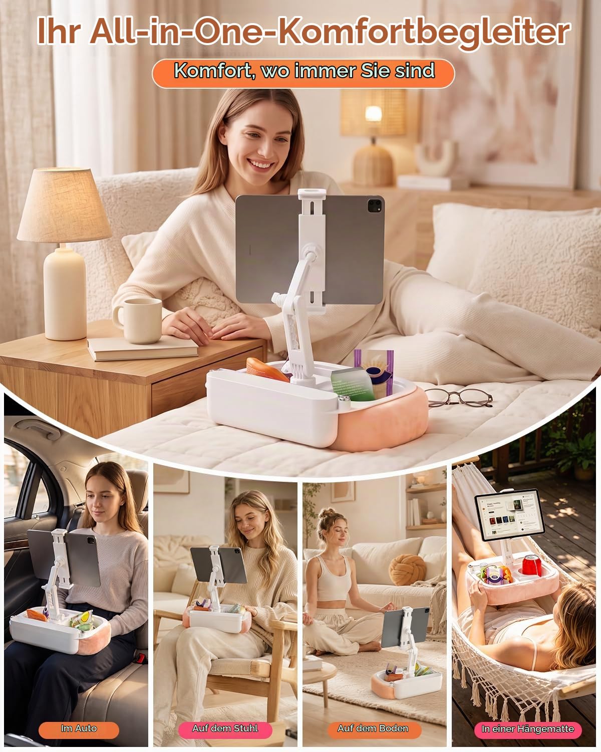 iPad Kissenständer für Bett & Schoß – [270° 360° verstellbar][abnehmbar], freihändiger Tablet-Halter mit Snackschalen, Pink, kompatibel mit 5,4-8,8" iPad, Kindle, Handy, Switch