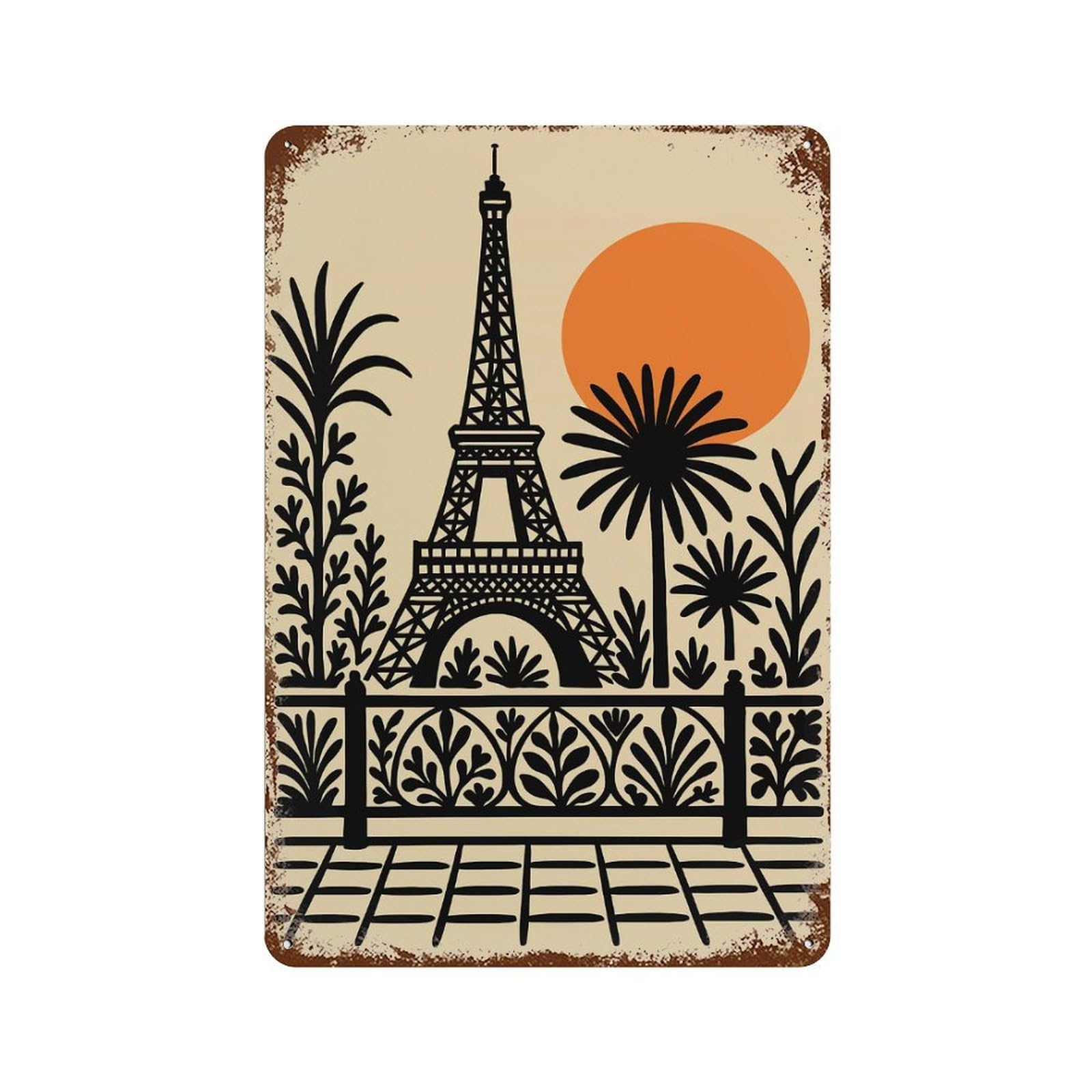 Rust Effect Eiffel Tower Illustration with Tropical Plants Aged Metal Wall Plaque 11.8"x7.9", Classic Wall Plaque for Basement, Hobby Room And Garage Decor