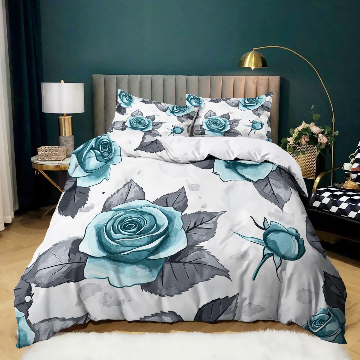 Funda nórdica 150 x 200 cm, Juego de Ropa de Cama para Rosa Gris Turquesa 3 Piezas, Incluye 1 Funda nórdica y 2 Fundas de Almohada 50 x 75 cm