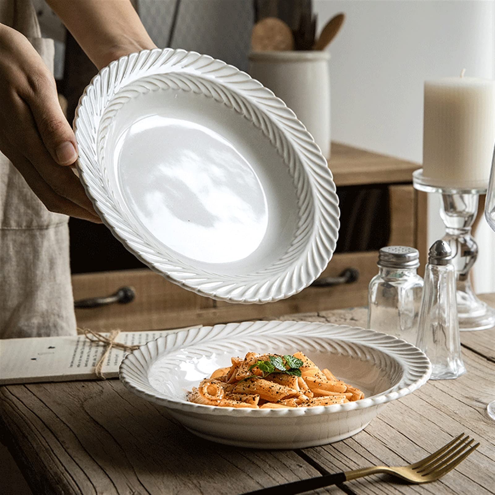 Cubiertos de cerámica Platos de Cena con Relieve Chino Plato de Cena de cerámica Redondo de 8,8" Plato de Postre de Porcelana para el hogar Apto para lavavajillas Microon