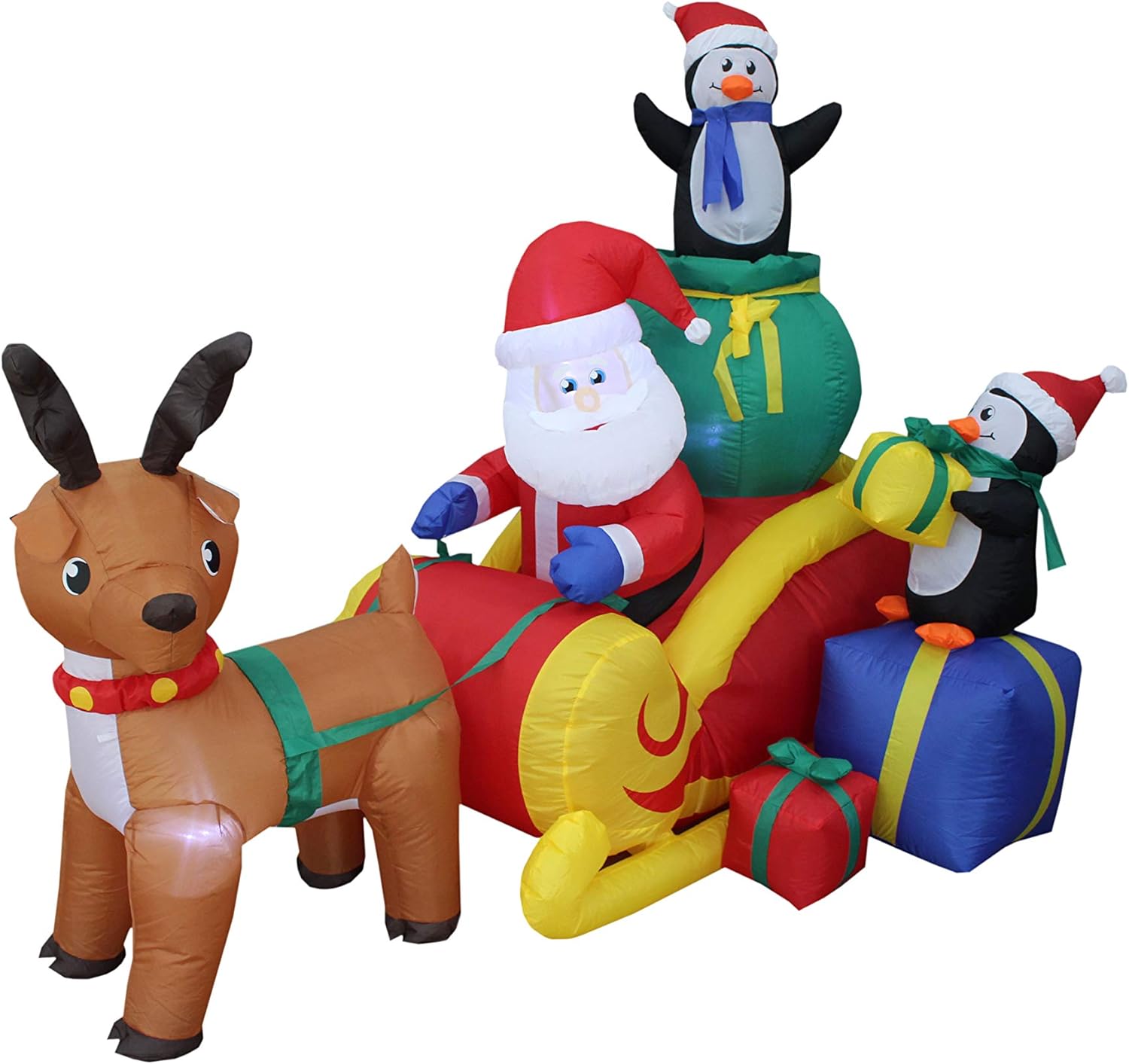 6 FT Long Lighted Christmas Inflatable Santa on Sleigh with Reindeer and Penguins – Outdoor Indoor Yard Decoration with Built-in LED Lights Self-Inflating Blower Weather-Resistant Holiday Lawn Display