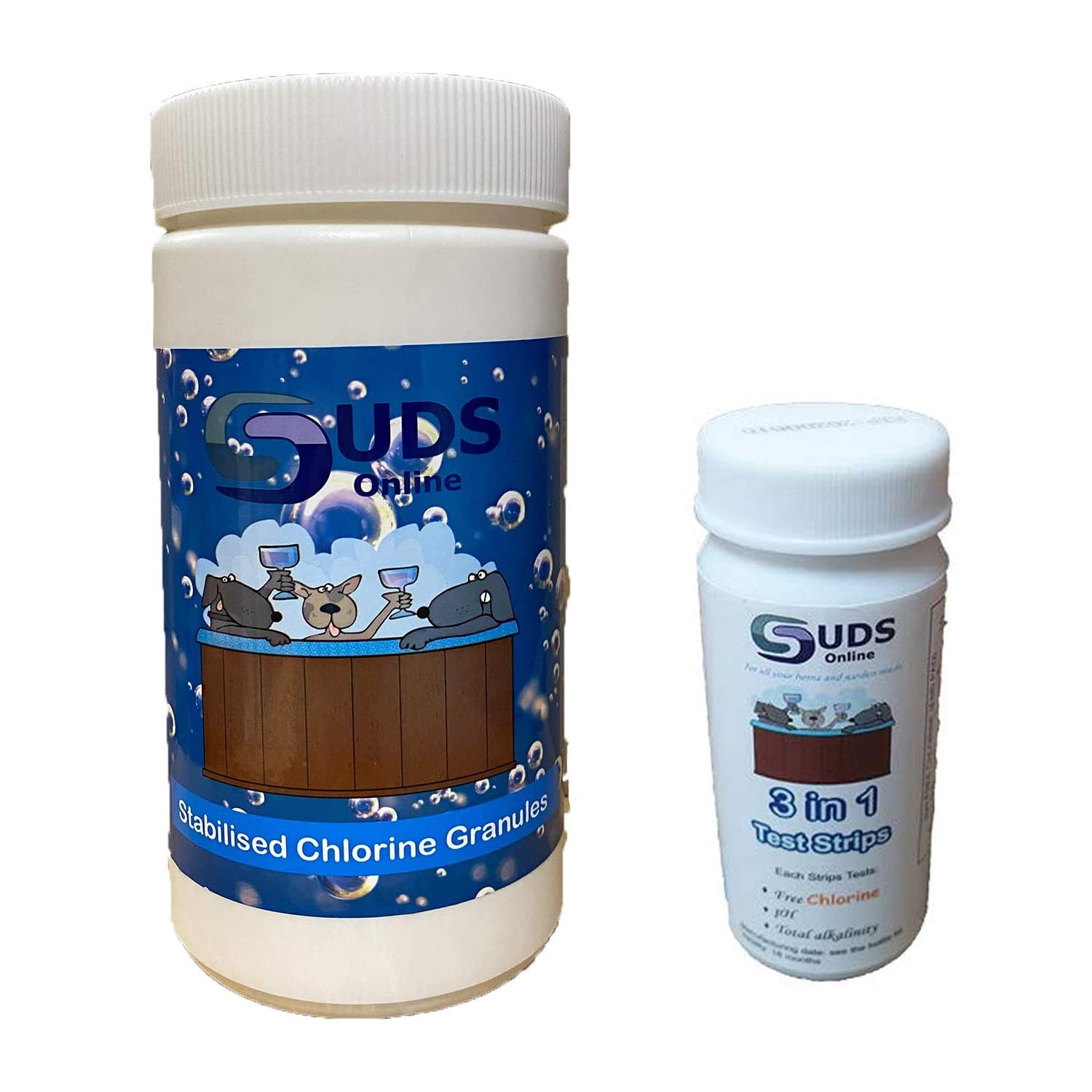 SUDS-ONLINE 1kg Chlorine Granules + 50X 3 IN 1 Test Strips HOT TUB KIT