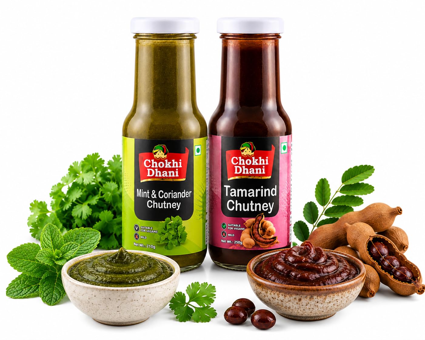 Chokhi Dhani Mint & Coriander Chutney 210g + Tamarind Chutney 250g Combo | Authentic Indian Green & Imli Chutney | Ready to Serve Dip for Chaat, Samosa, Pakora & Snacks | No Artificial Flavours