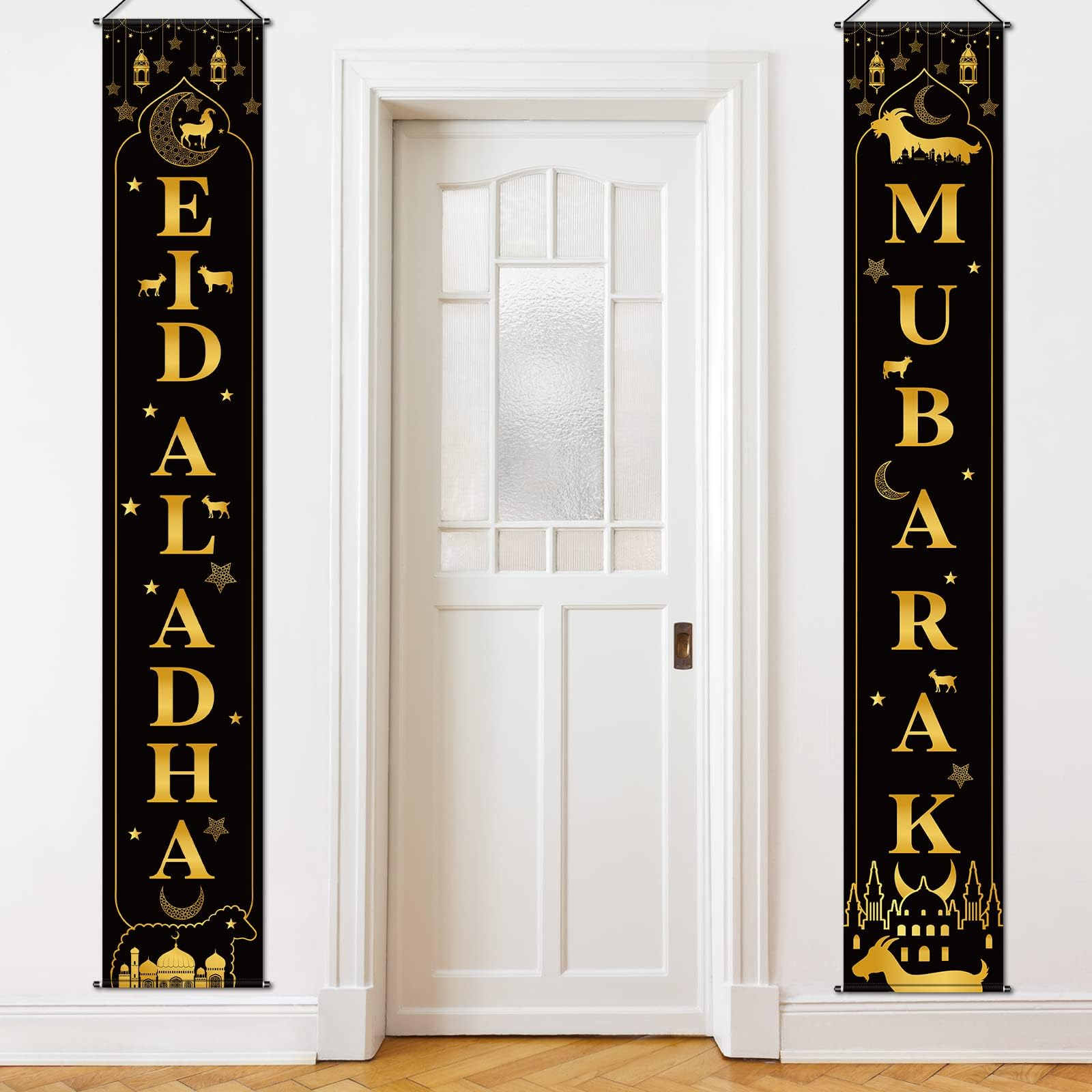 Treela Eid Al Adha Decorations Eid Al Adha Door Banner Mubarak Hanging Banner Black Gold Porch Sign Sheep Welcome Door Backdrop Banner for Muslim Party Supplies Decor
