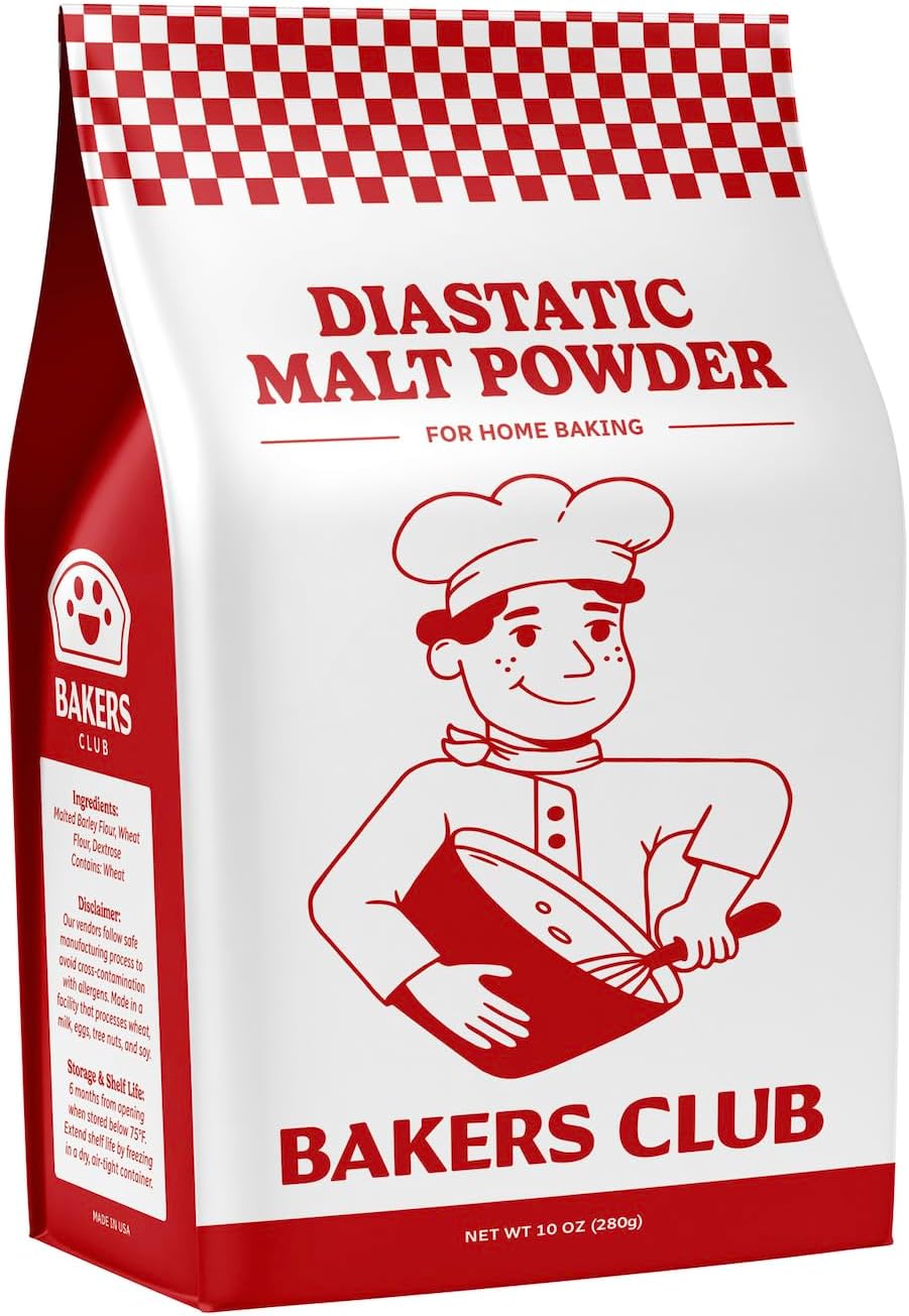 Bakers Club Artisan Diastatic Malt Powder 10oz - Enhance Flavor, Crust, Rise, Texture - Baking Bread, Pizza Crust, Pretzels, Desserts, Muffins, Bagels, Sourdough, Milkshakes - Made in USA, Malted Barley Flour 10oz