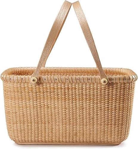 PONNYC Wicker Picnic Basket with Double Folding Handles, Picnic Hamper,Natural Woven Easter Basket,Easter Eggs and Candy Basket Packing Basket