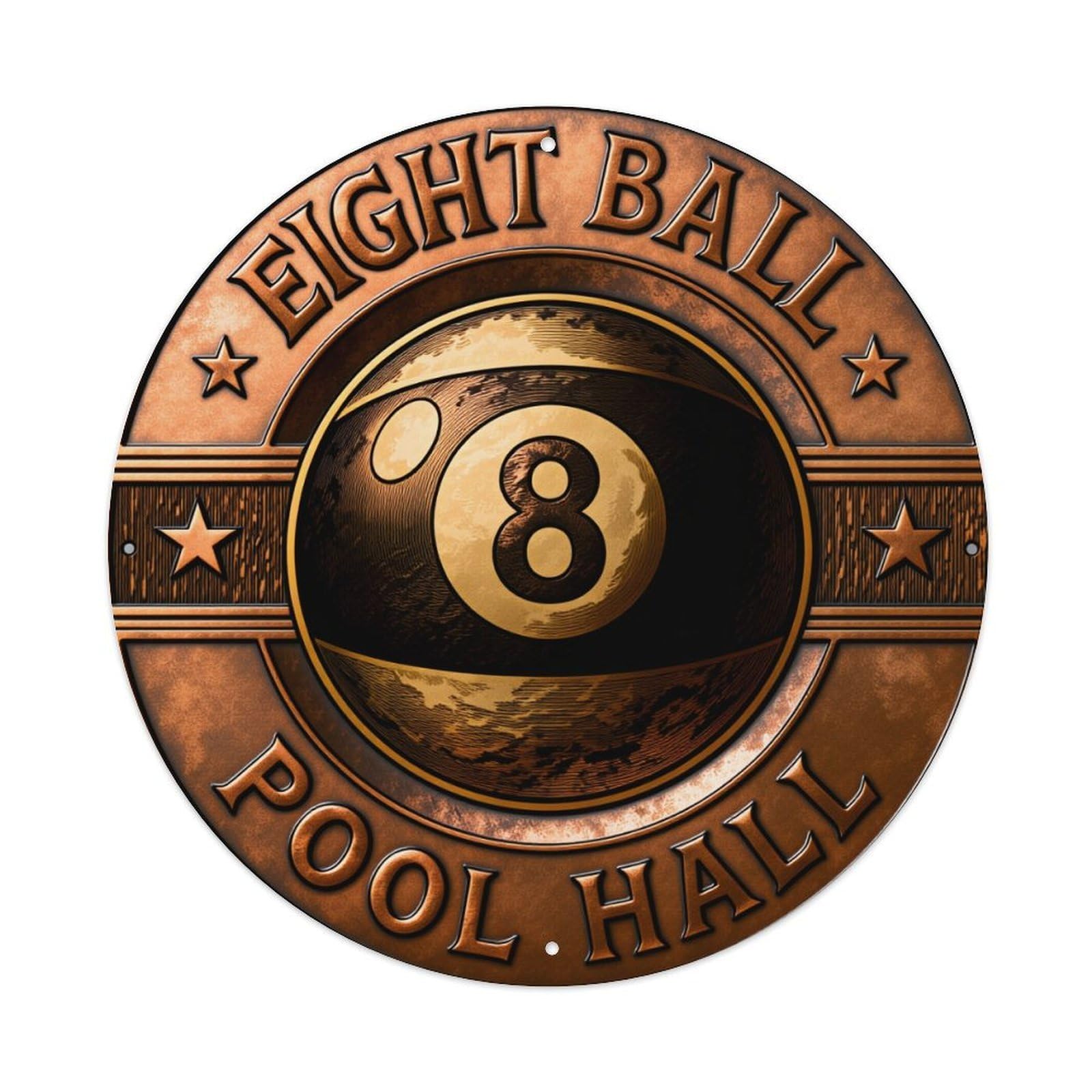Eight Ball Pool Hall Emblem Design Round Vintage Tin Sign,Retro Wall Art,Metal Poster for Home, Bar, Garage, Cafe, Rustic Indoor & Outdoor Decor, 8x8 Inches