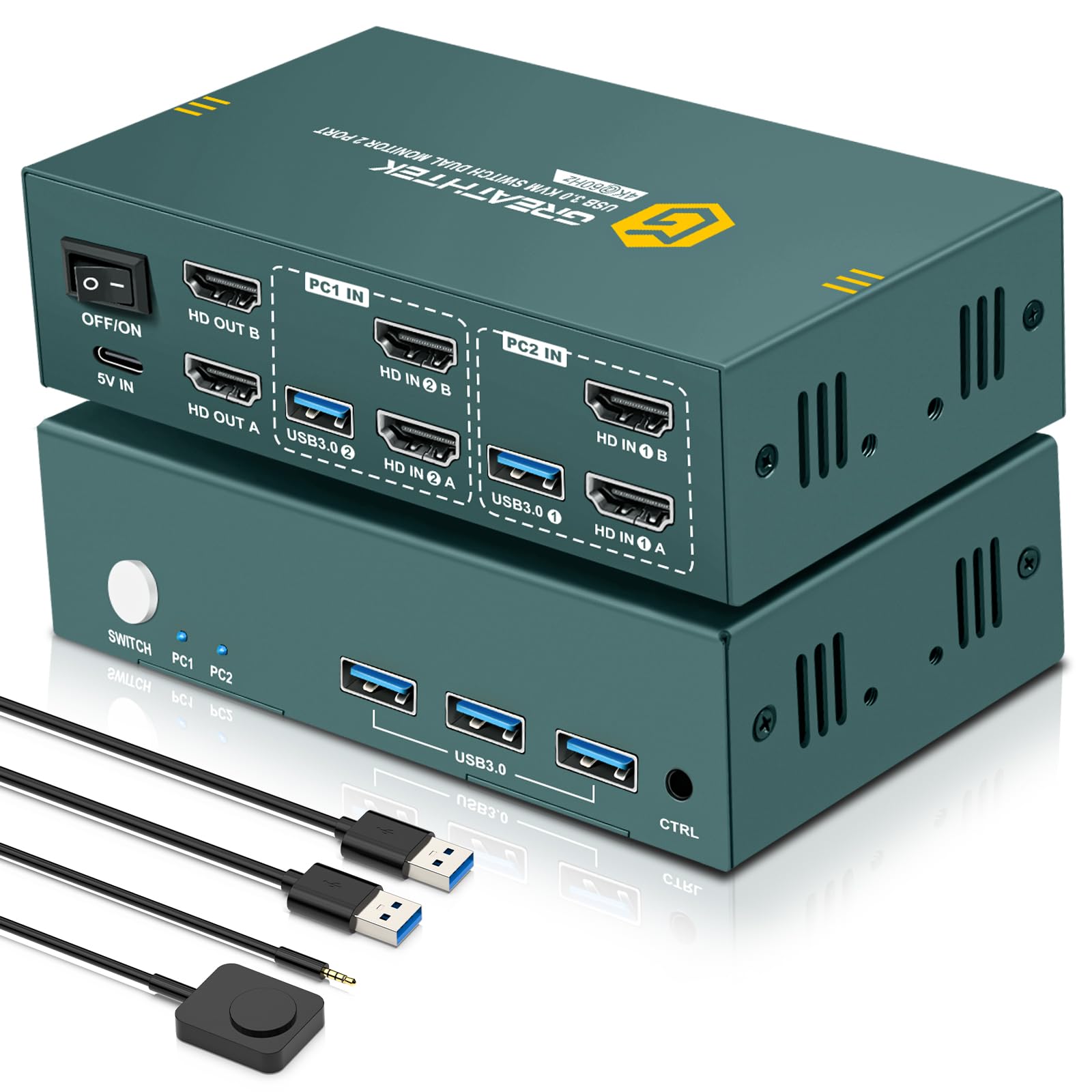 HDMI USB 3.0 KVM Switch 2 PC 2 Monitore, 4K 60Hz KVM-Switches, 2 PC 2 Monitor Switch mit 2 usb-Kabeln zum Teilen von Tastatur, Maus, Drucker und zur Unterstützung von bis zu 3 USB-Geräten