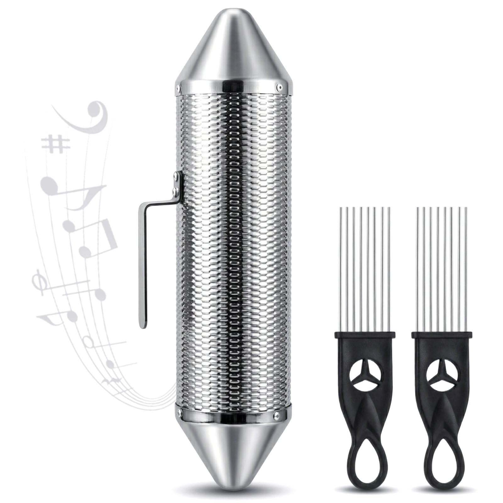 SOUJOY Guiro Instrument, coctelera Guiro de acero inoxidable con 2 raspadores, instrumento de percusión latina de 15 x 3 pulgadas, martillo de arena profesional de acompañamiento de banda para