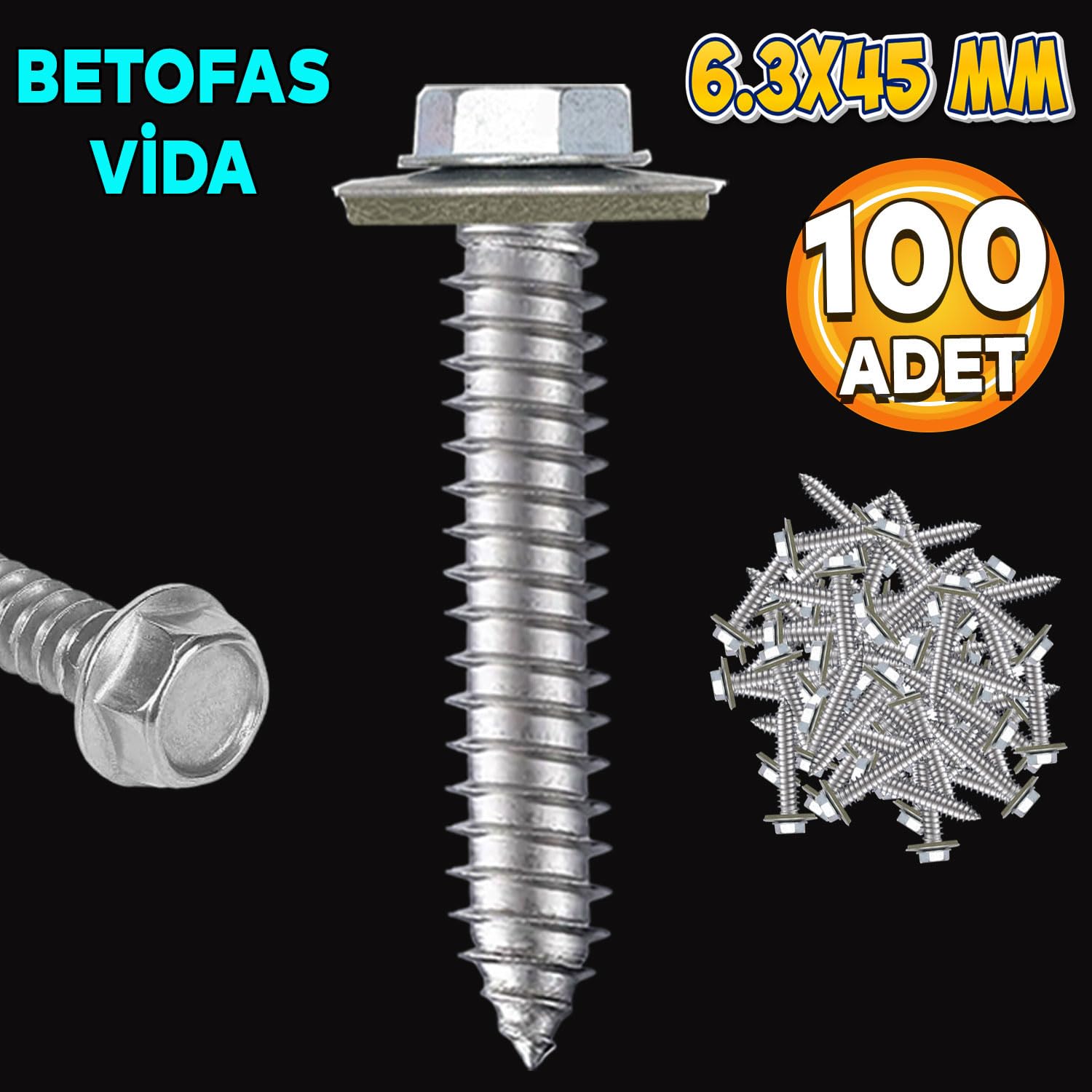 Badem10 Betofast Vidası 6.3x45 Paket 100 ADET Sivri Uçlu Çatı Panel Beton Ağaç Vidası