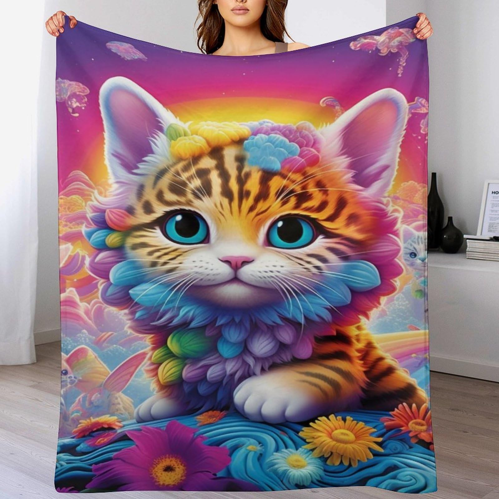Manta de franela con diseño de gato para un hogar cálido y suave