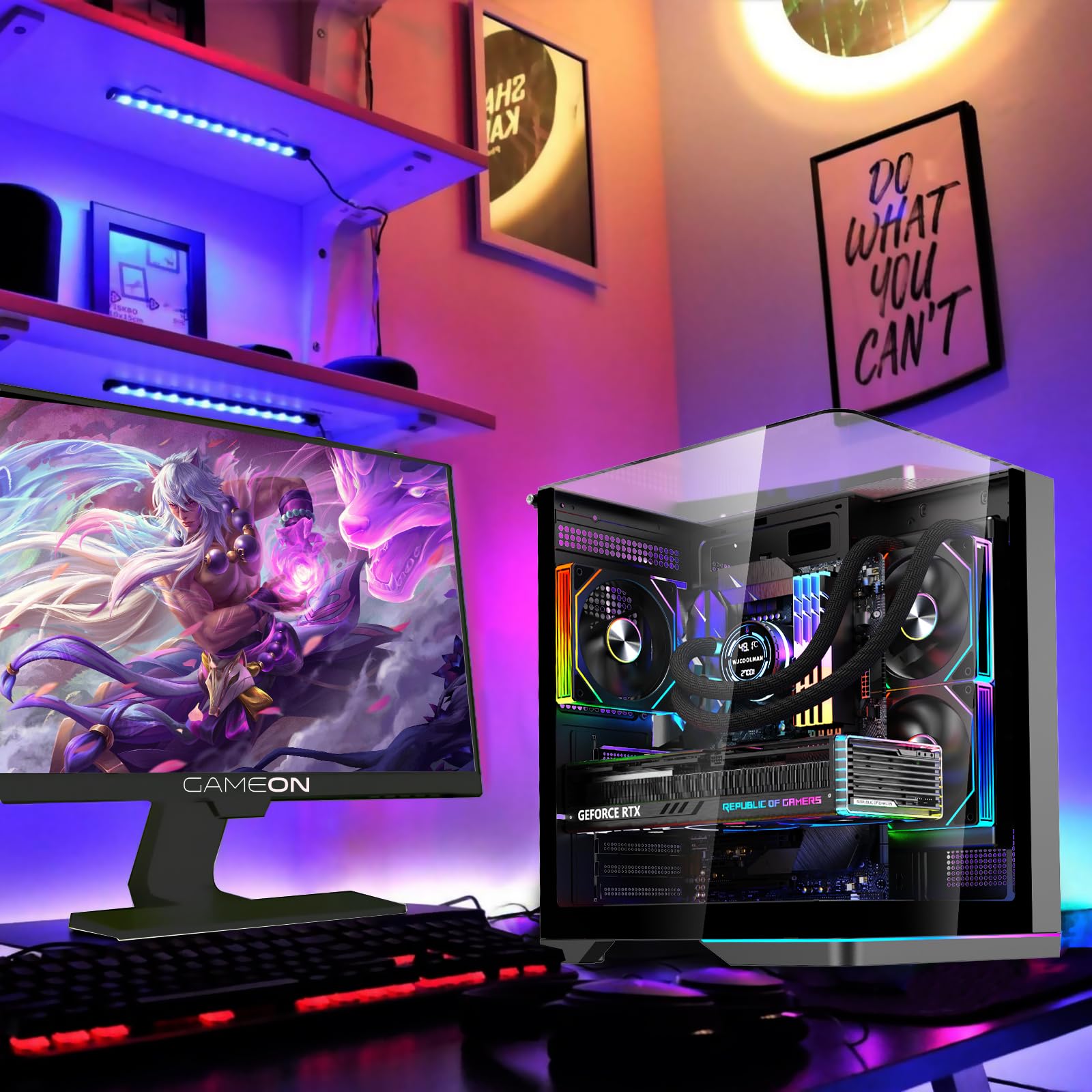 GAMEON Valkyrie X Mid Tower Gaming PC Case Nero con 4 ventole ARGB preinstallate, pannello laterale in vetro temperato, supporto ATX/M-ATX/ITX, 360 mm di raffreddamento a liquido, armadio da gioco ad