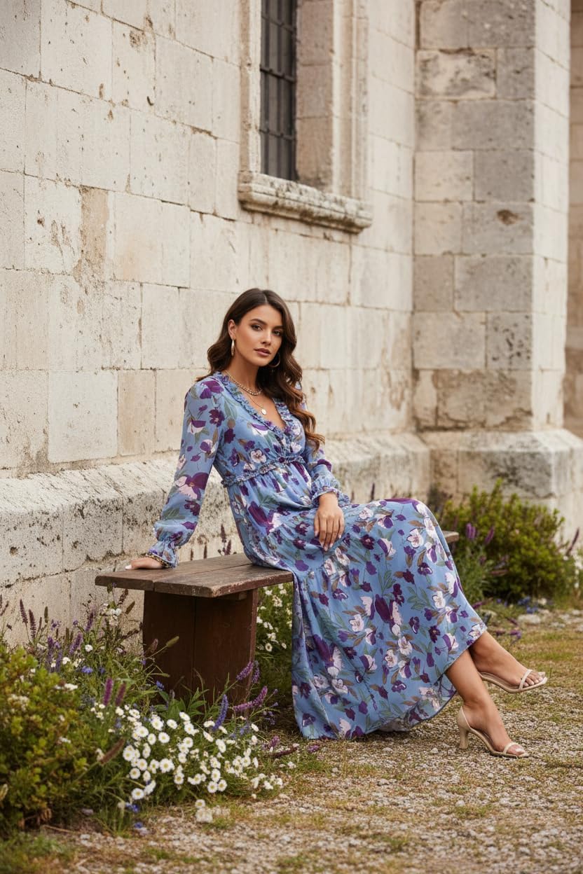 Women's Boho Floral Long Sleeve Maxi Dress, Deep V Neck Empire Waist Flowy Chiffon Dress for Wedding/Vacation/Party - Image 3