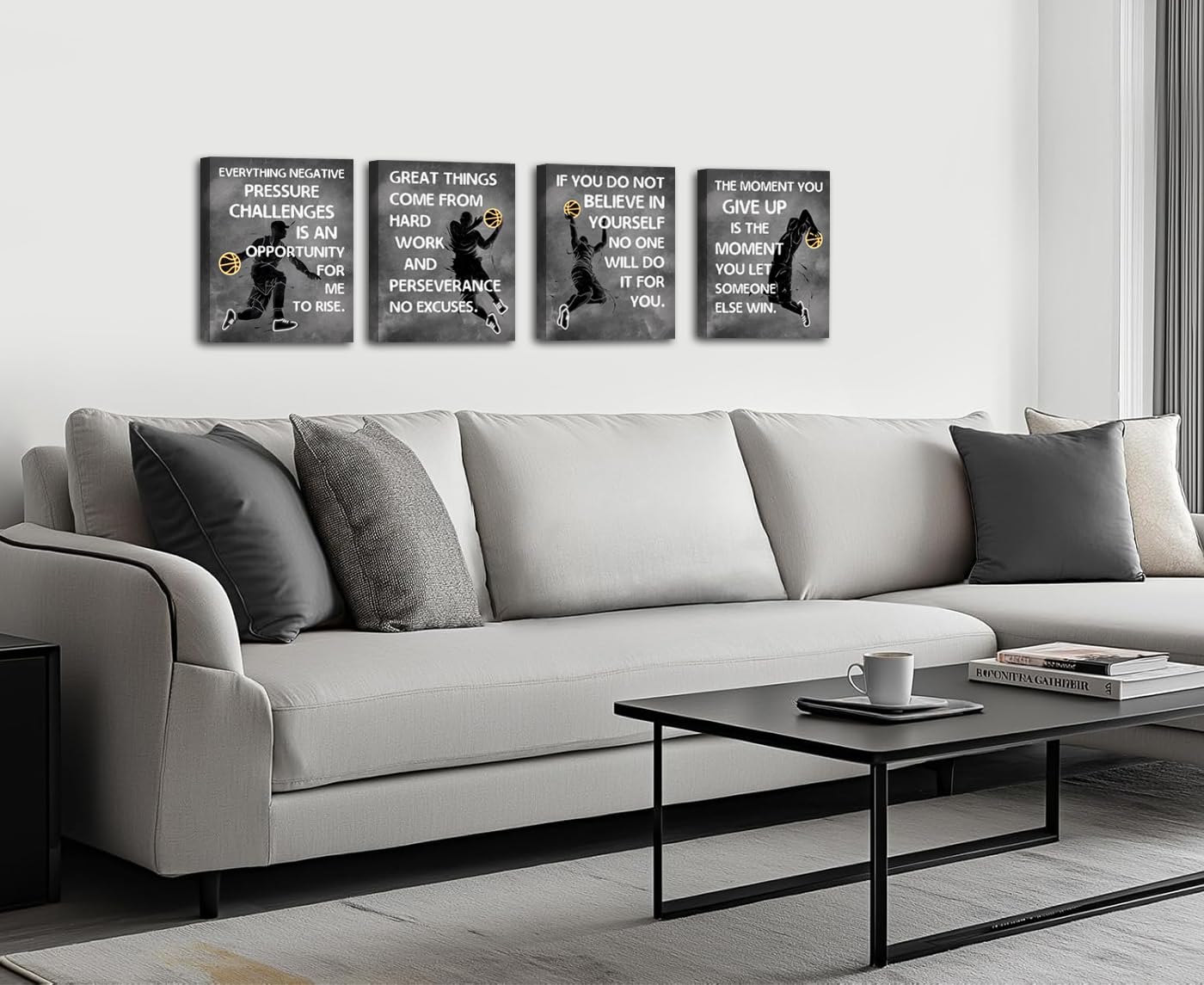 Stampe artistiche da parete motivazionali con frasi motivazionali e motivazionali sul basket, decorazione da parete astratta da parete, su tela, per camera da letto, palestra, uomini, set regalo da 4