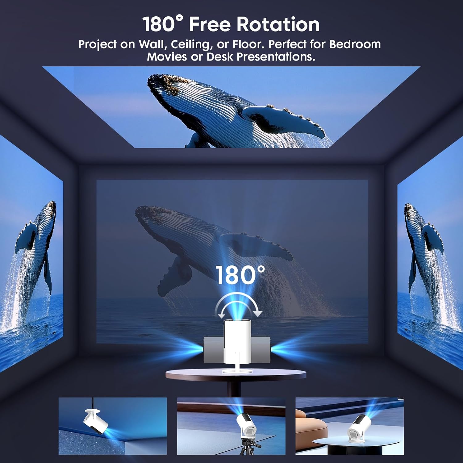 [Built-in Apps] Mini Projector with WiFi and Bluetooth, Native 1080P Portable Movie Projector for Bedroom, Android 12, Auto Vertical Keystone, 180° Rotation, Compatible with HDMI/USB/TV Stick/Laptop - Image 3