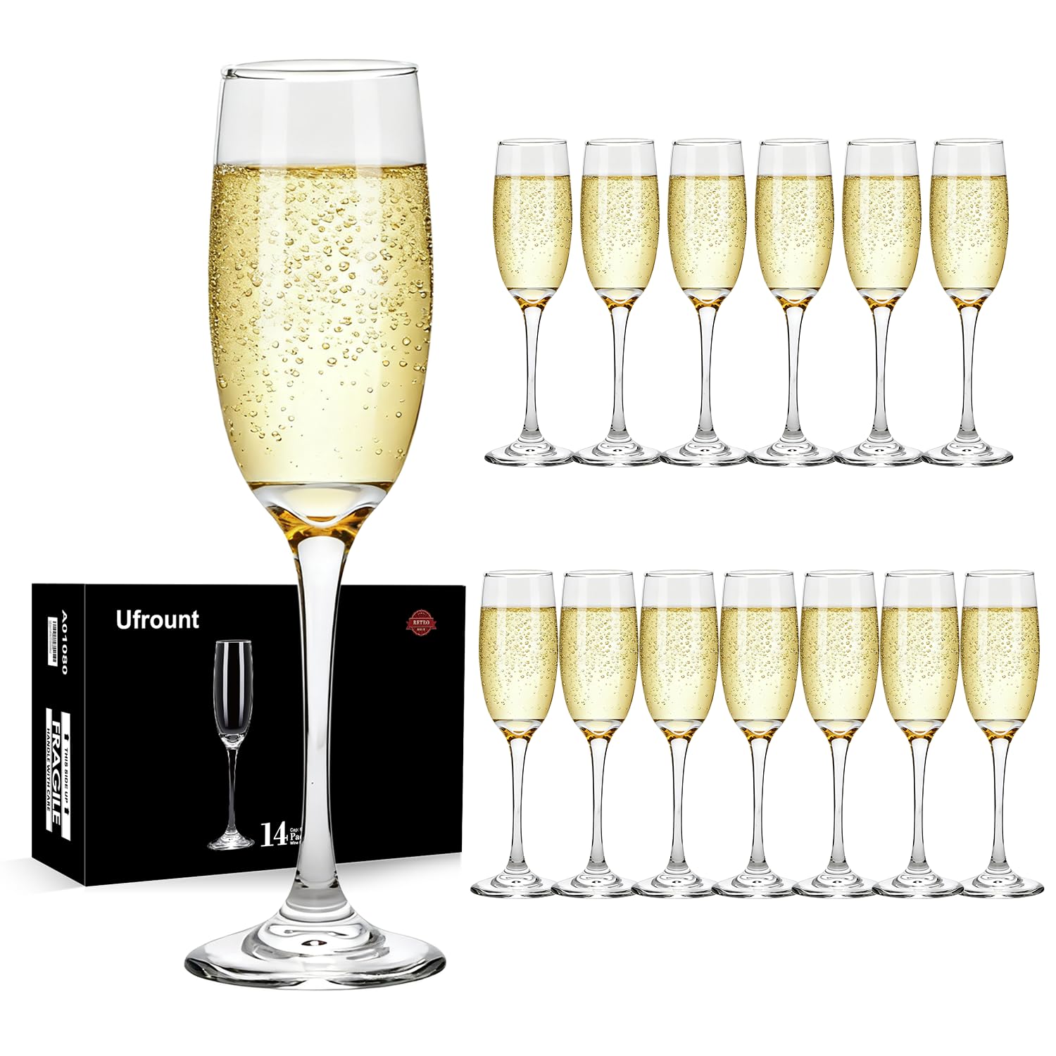Juego de 14 copas de champán transparentes de 6 onzas, copas de champán elegantes para cumpleaños, fiestas, bodas
