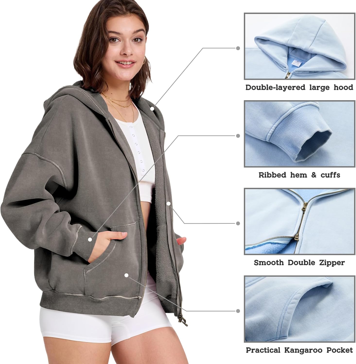 Dnzzs Womens Zip Up Hoodie Oversized Acid Wash Sweatshirts Heavyweight Fall Fashion Outfits Casual Jackets Winter Clothes - Image 3