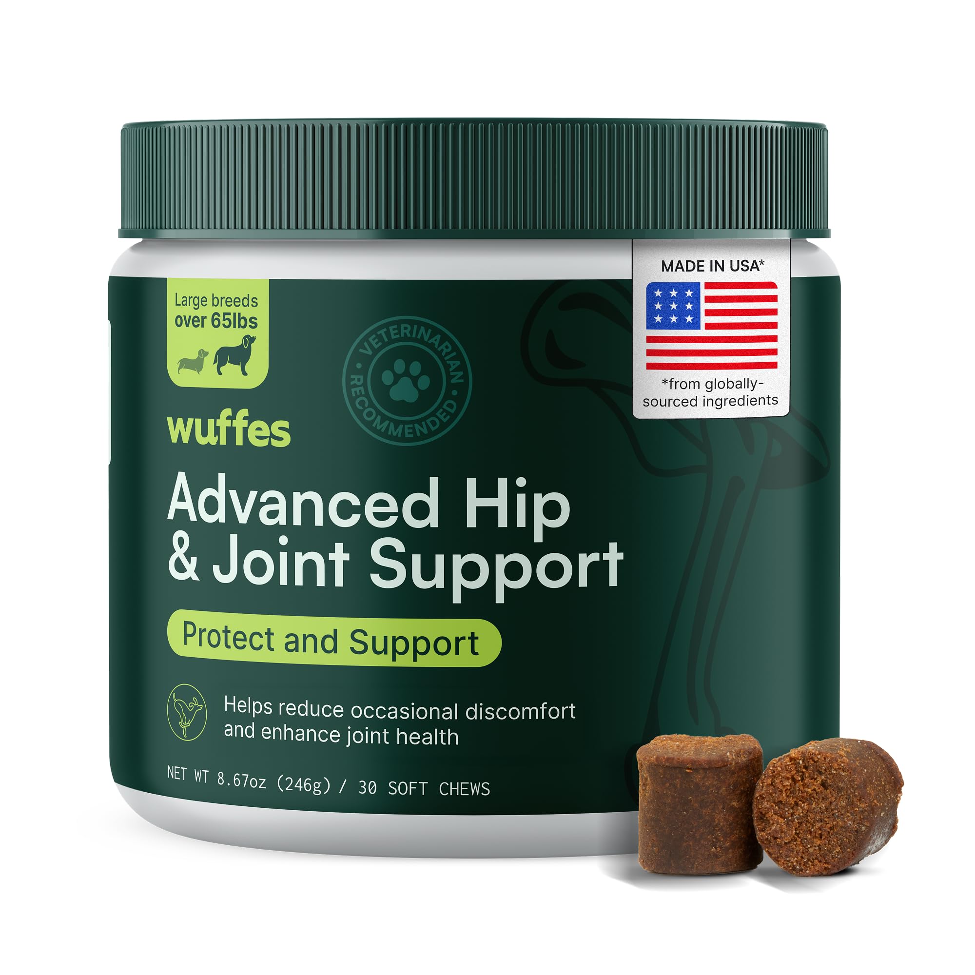 WuffesAdvanced Dog Hip and Joint Supplement with Glucosamine, Chondroitin, Omega 3, MSM, and Green Lipped Mussel, 30 Pork Flavored Chews for Large Dog Breeds