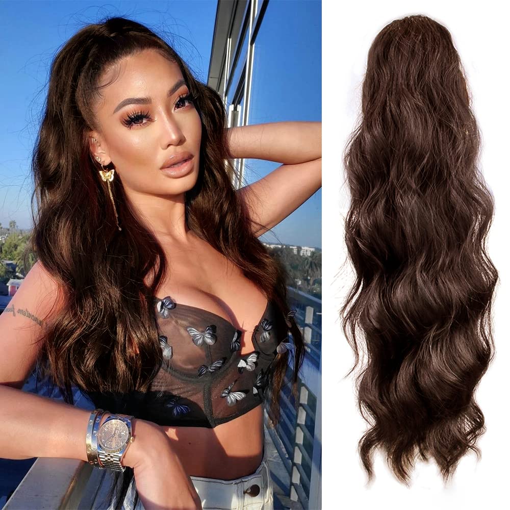 KETHBE Extensión de cola de caballo larga ondulada para mujeres negras, sintética, resistente al calor, con cordón, extensiones de cabello con clip