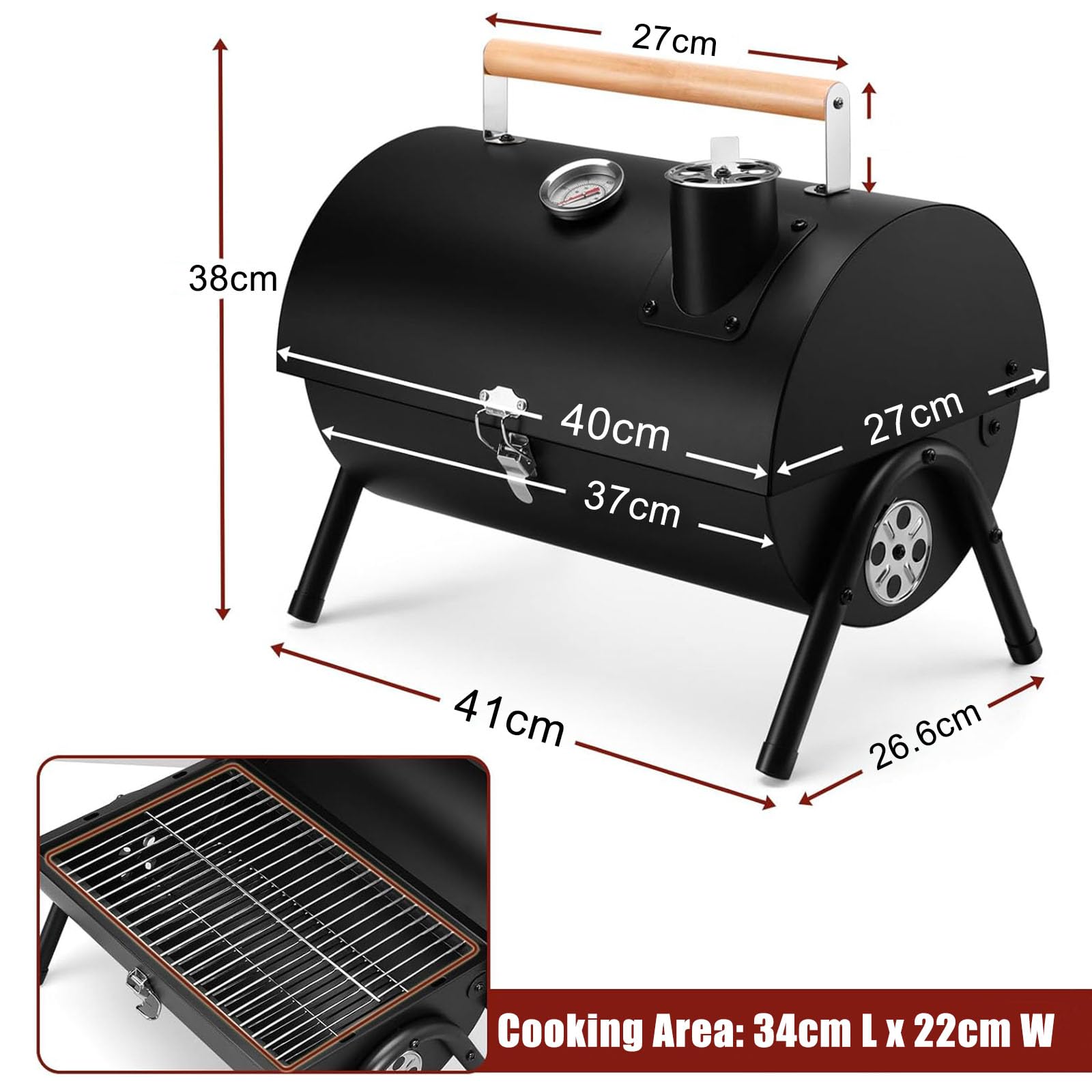 Barbecue a carbonella portatile da campeggio con coperchio, piccolo barbecue da tavolo con termometro, flusso d'aria regolabile e quantità di scarico, per cucina all'aperto, feste, campeggio, picnic