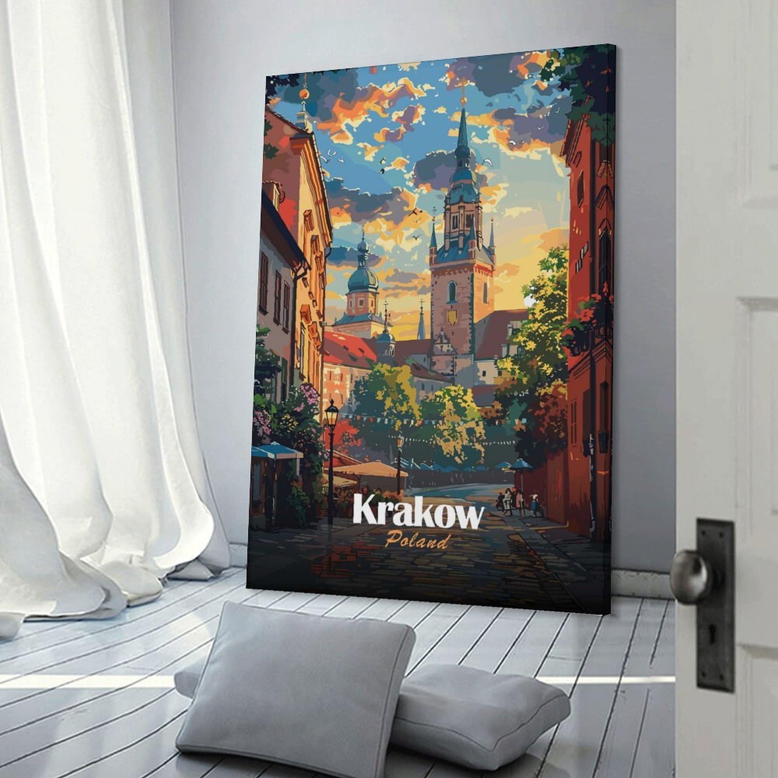 Junmoney Canvas Art Print Krakow, Poland Cityscape Illustration, 24x36inch(60x90cm), for Office, Study Or Home Workspace, Home Office Artwork with Decorative Appeal