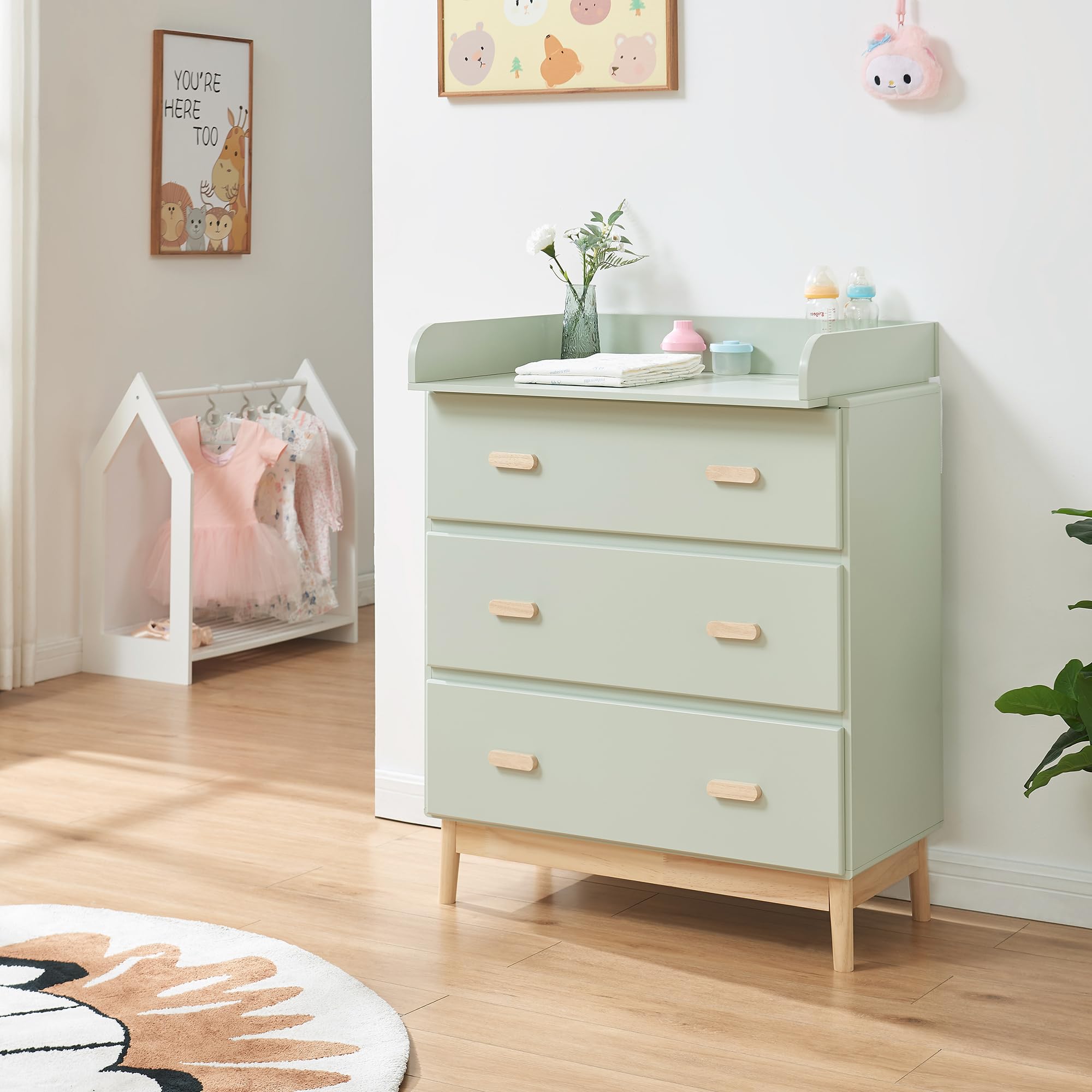 [en.casa] Mueble Cambiador Bebé Sarievn 2 en 1 Cómoda con Cambiador Bebé Cajonera con 3 Cajones para Habitación Infantil Moderno MDF 100 x 80 x 53 cm - Verde Menta