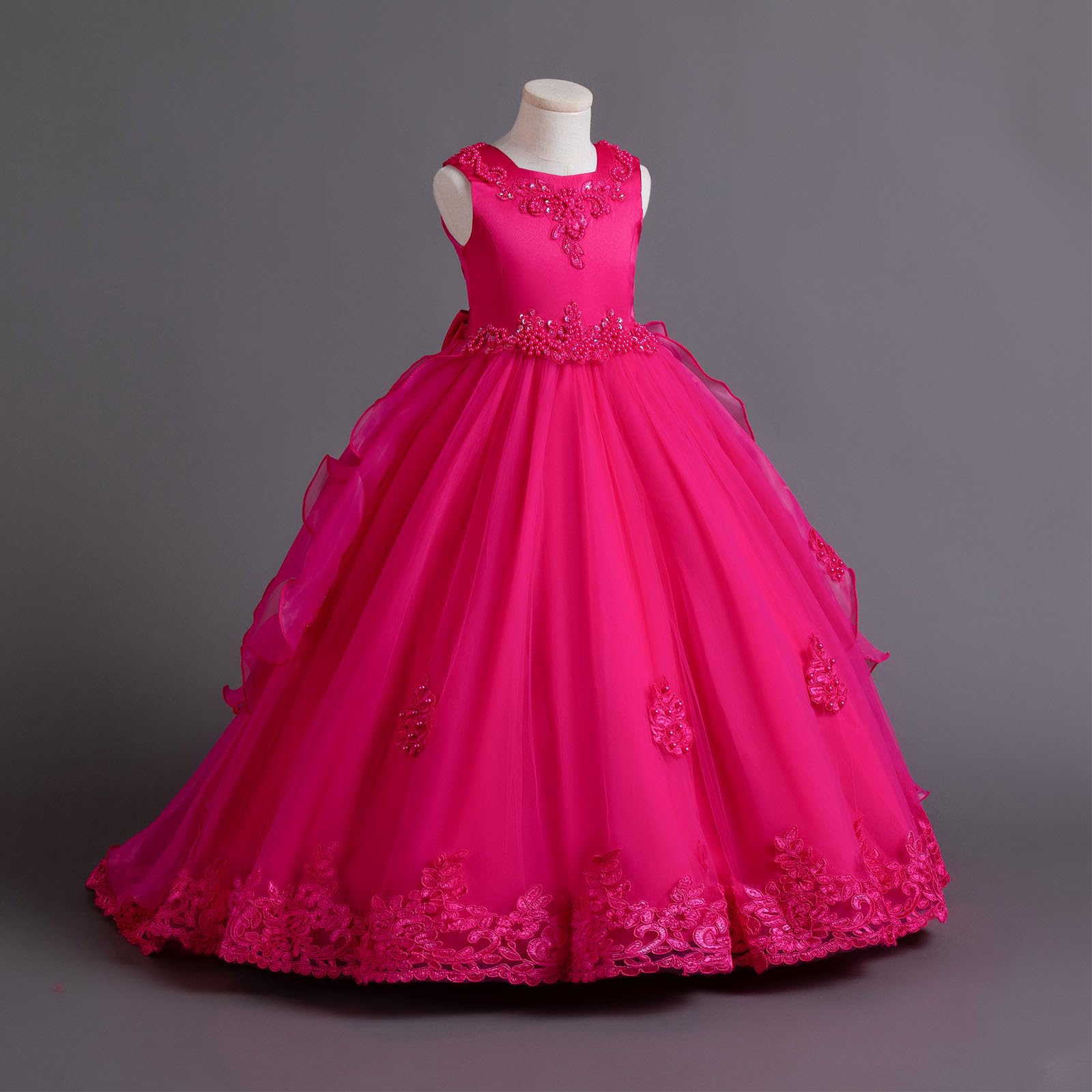 Vestito da principessa in tulle a forma di fiore, per damigella d'onore, comunione, festa di compleanno, concorso, maxi abito da ballo per bambini