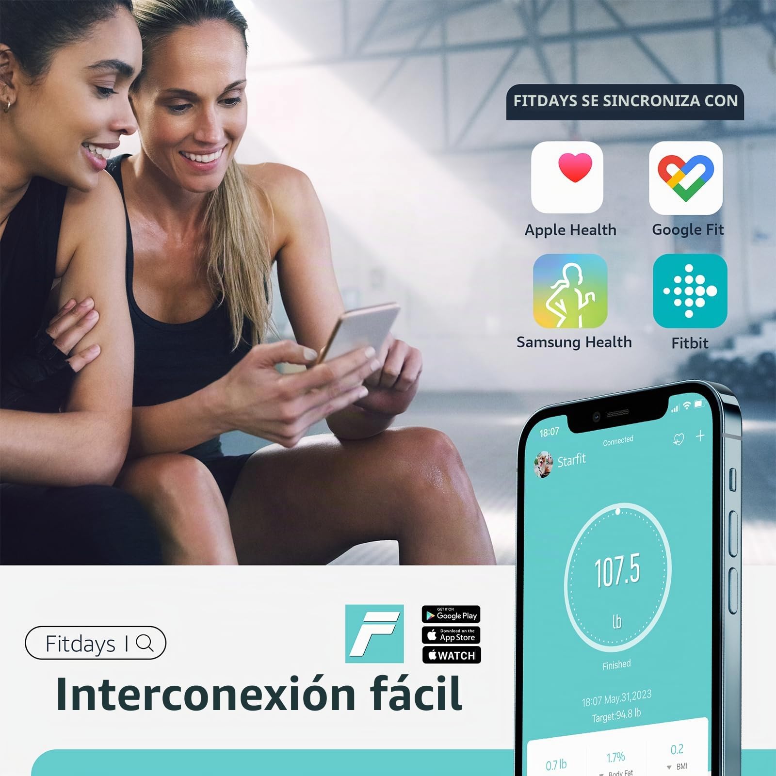 Báscula de Baño Digital Inteligente con Sincronización en App - 13 Indicadores de Composición Corporal Grasa Músculo IMC Agua Alta Precisión hasta 180 kg, Báscula de Fitness para Hombre y Mujer
