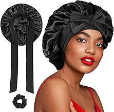 FOLAI 1 Stück Satin zum Schlafen, Satin Hair Haarhaube Damen und Herren, lockende Haarmütze, bandbreite elastische Bande, Atmungsaktive Anpassbare Schlafmütze, Satinhaube Zum Schlafen Bonet(schwarz)