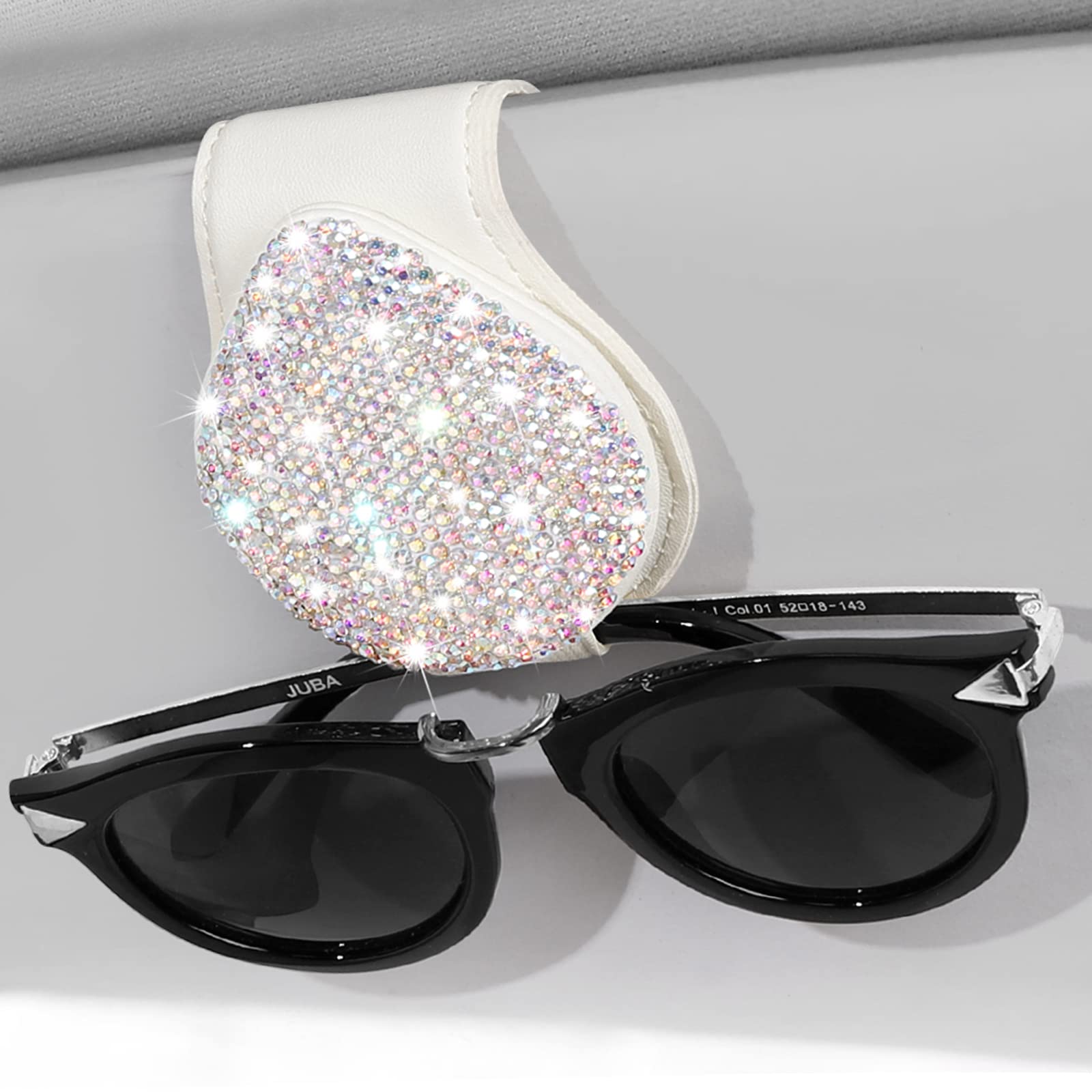 AccmorBling Car Sunglass Holder, Car Sun Visor Sunglasses Holder, Magnetic Leather Auto Glasses Clip Eyeglass Mount, Rhinestone Eyeglasses Holder Clip Car Accessories for Vehicle SUV (White Colorful)