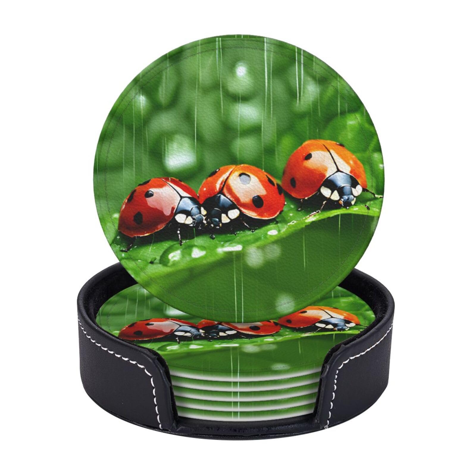 Coasters Set of 6 Microfiber PU leather Coasters with Holders for Drinks Coffee Bar Accessories, House Apartment Coffee Table Decor, Housewarming Gifts - Funny Ladybug