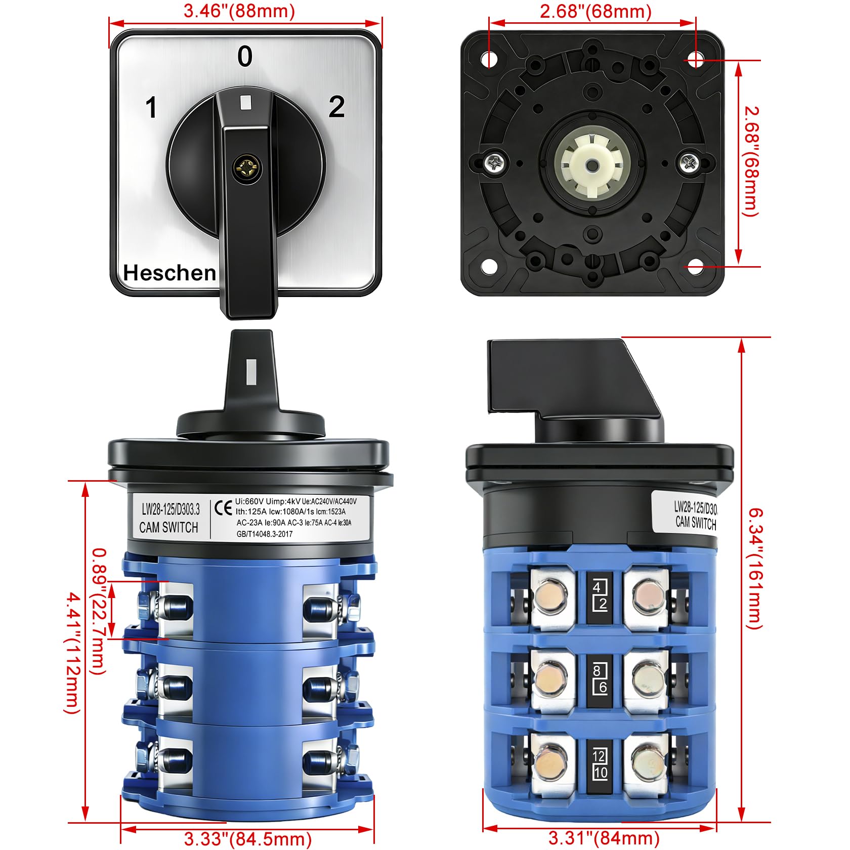Heschen Interruttore a camme rotativo 125A 660VAC ON/OFF/ON 3 posizioni 3 fasi