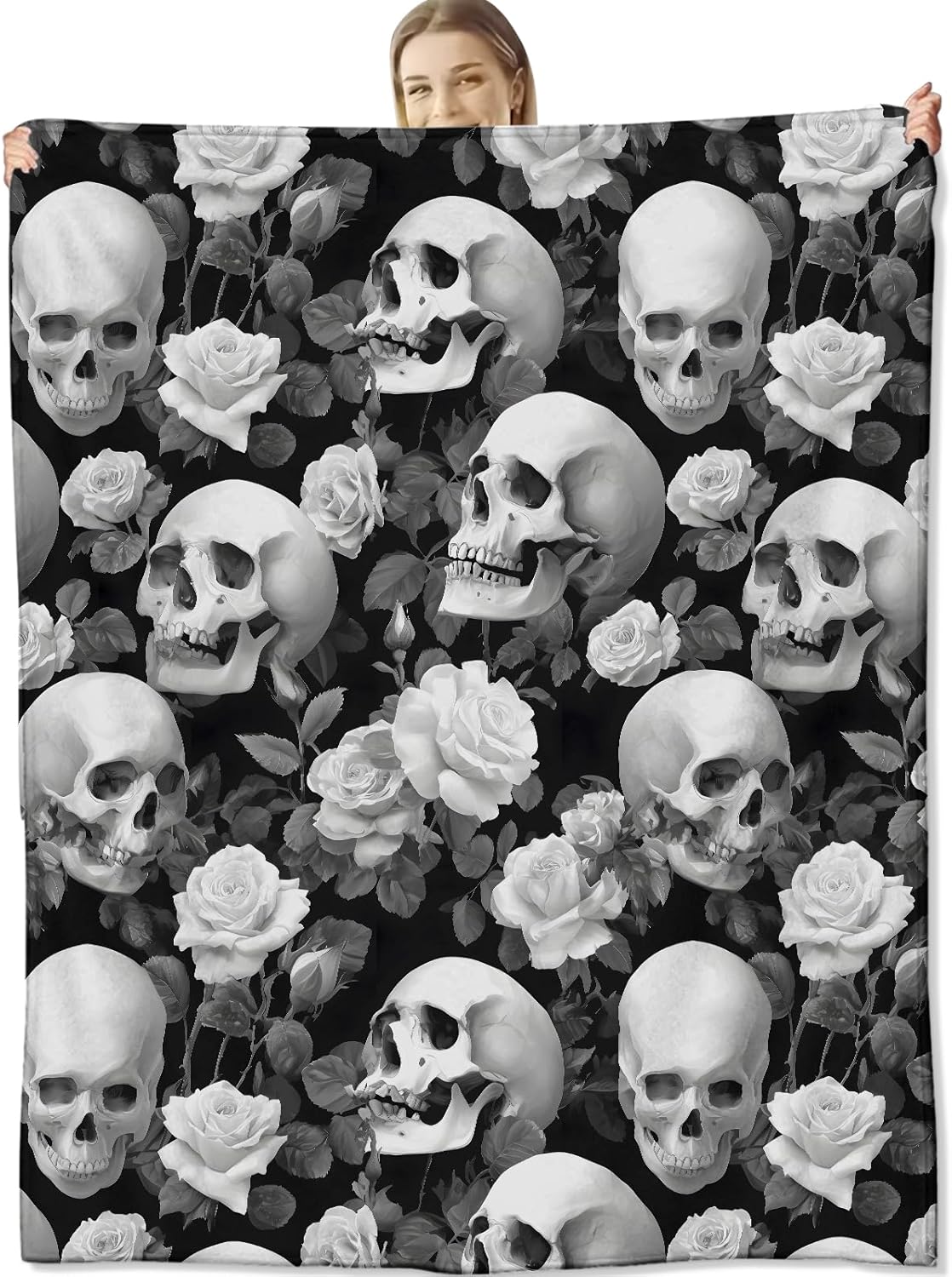 Vintage Skull Rose Blanket for Dark Gothic Lovers, Floral Skeleton Flannel Blankets, Goth Aesthetic Gifts, Soft Warm Cozy Throws for Sofa Couch Bed Living Room Bedroom Home Decor 60" x 50"