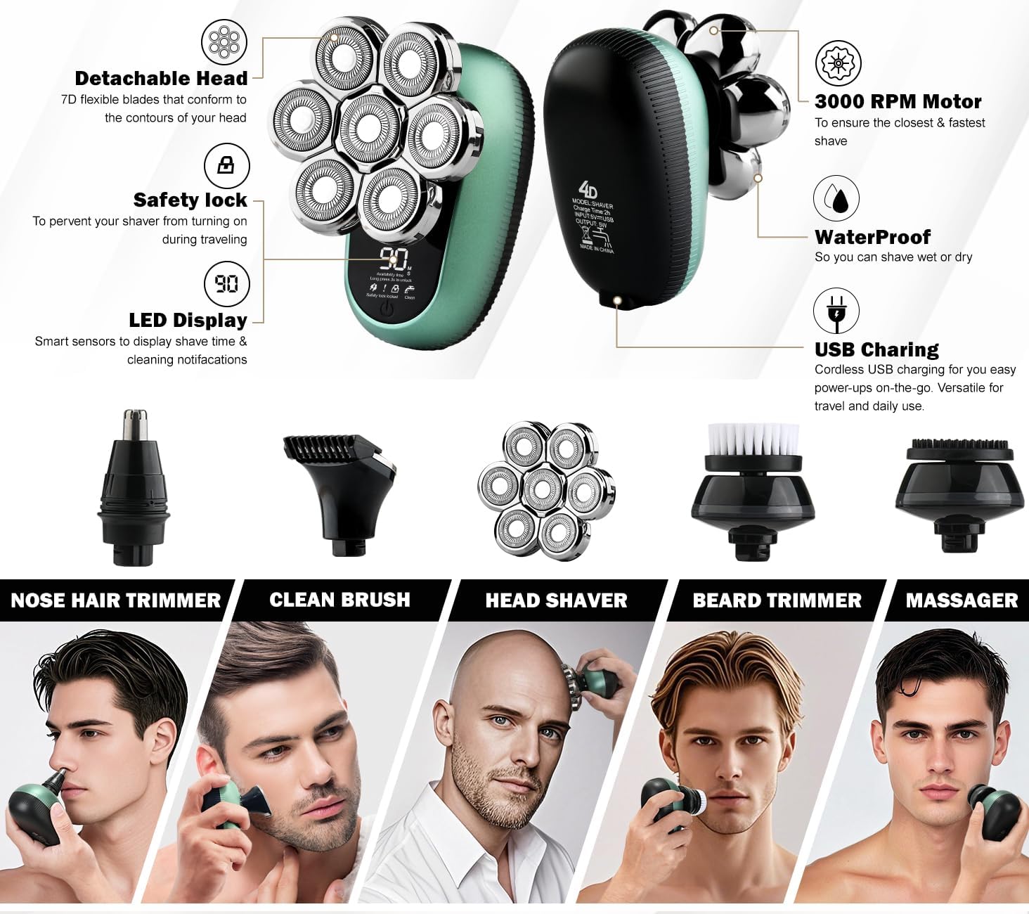 7D Head Shavers for Bald Men - Toncoke Detachable Electric Razor Grooming Kit with Nose Hair Trimmer, IPX6 Waterproof Wet Dry Use LED Display USB-C Rechargeable 6-in-1 Rotary Shaver for Smooth Shaving